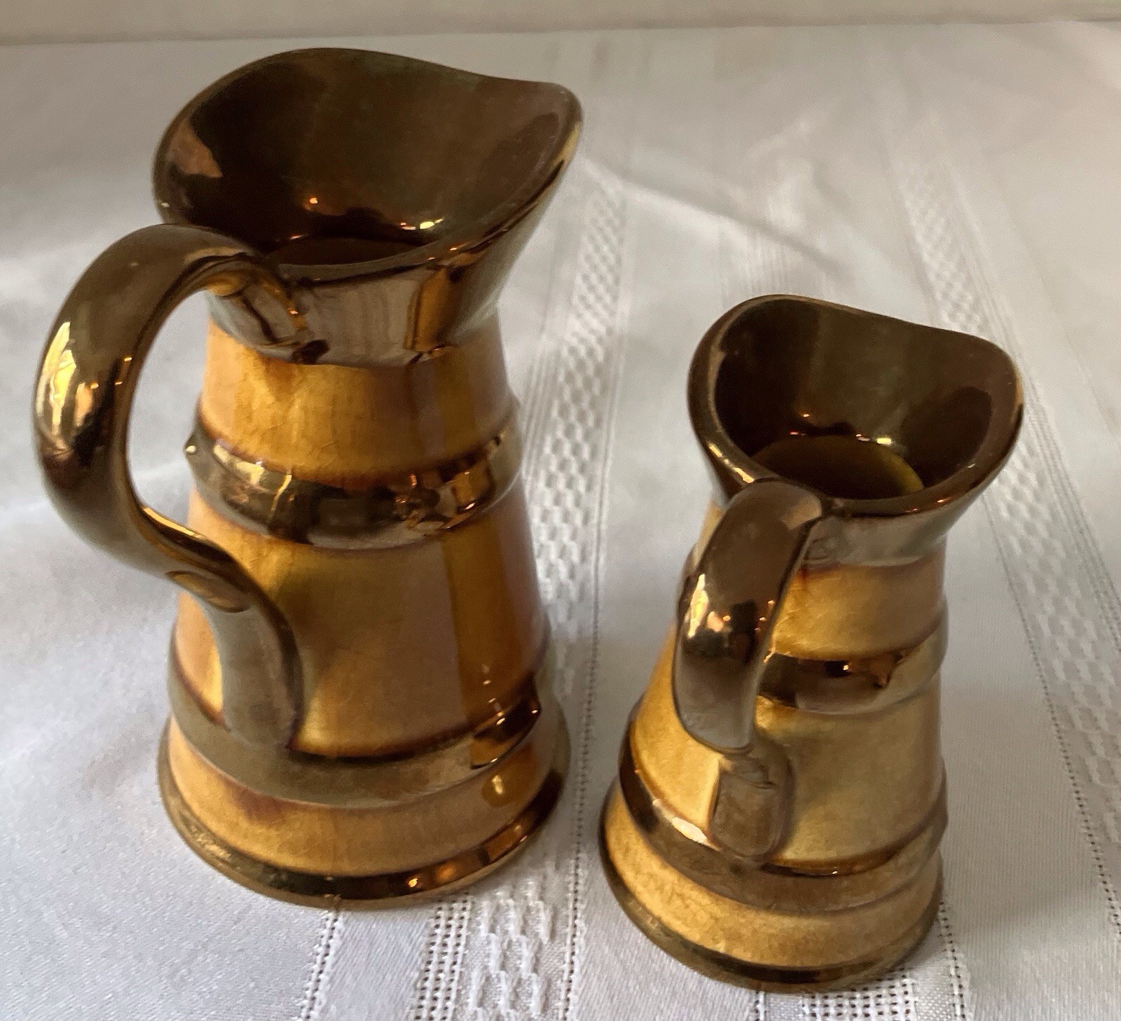 Lord Nelson Pottery , Vtg, Copper Luster Mini Pitchers, Pair, 4.5”, 3.5”,
