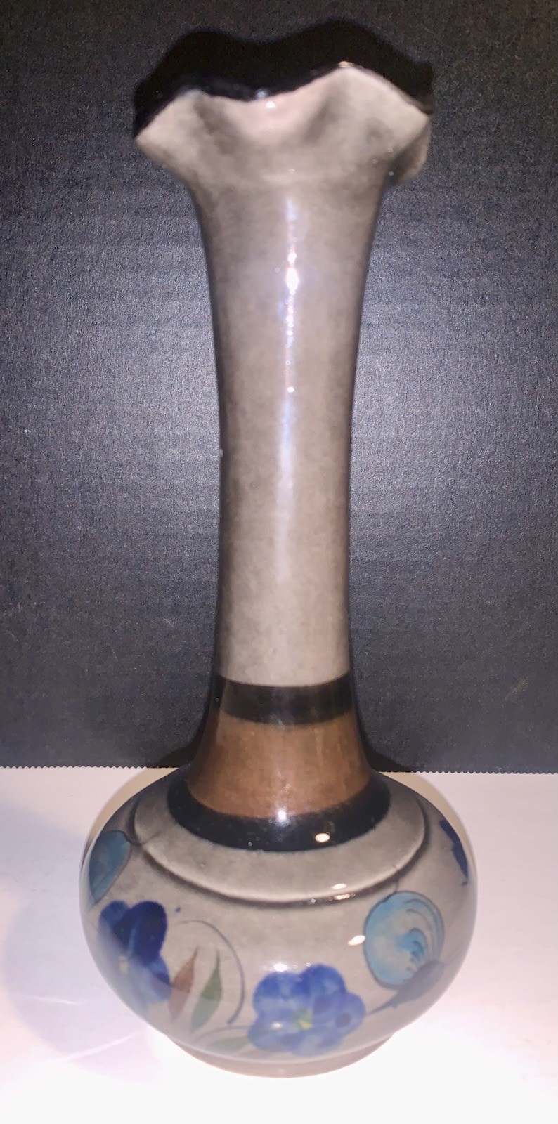 Mexican Folk Art Pottery Tonala Gray Hand Painted Floral Vase 7”