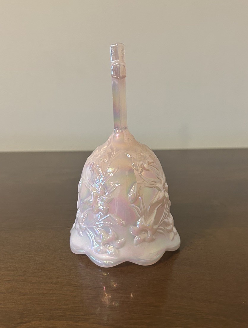 VTG Fenton Pink Opalescent Glass 6” Bell Easter Lily Cross Handle No Clapper
