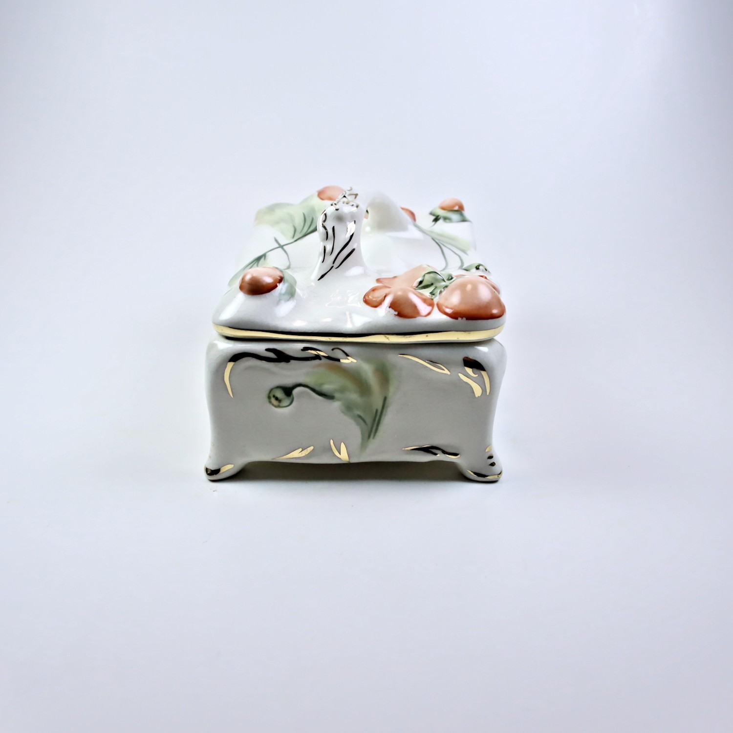 1940’s Coventry Ware Pottery Pink Poppies Footed Gold Trinket / Candy Box 5302A