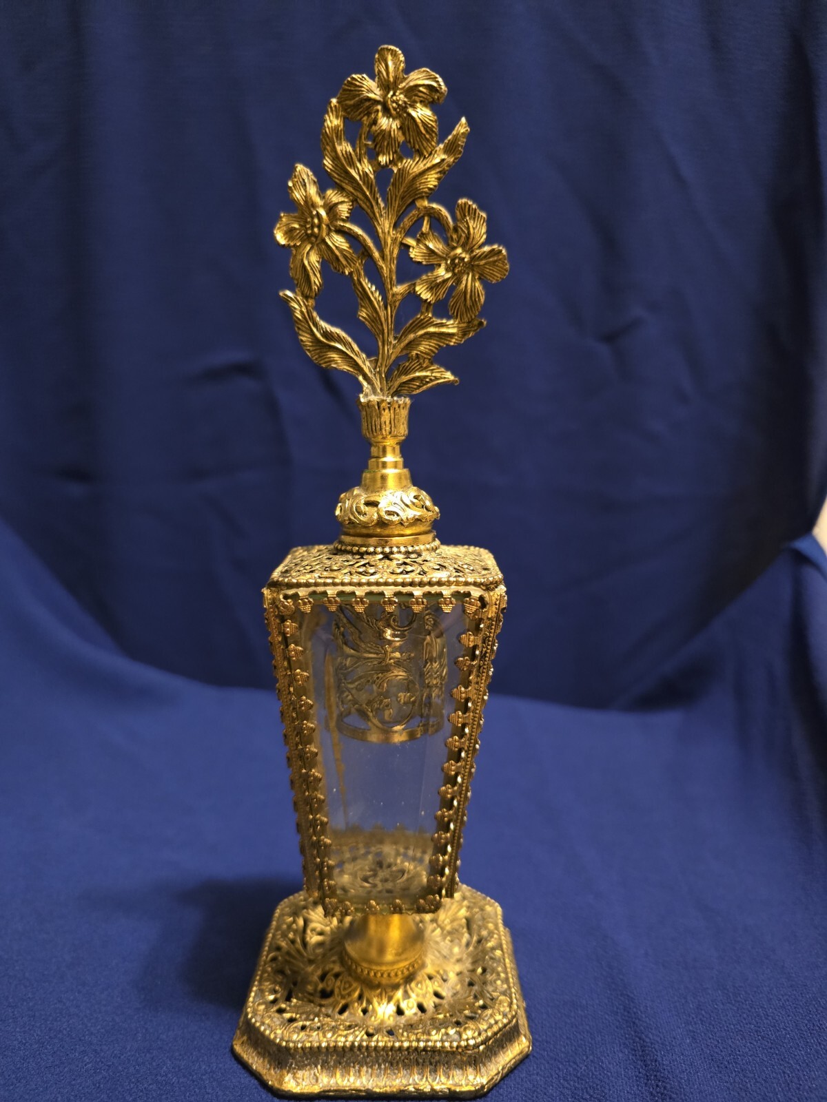 VTG 8.75in ORMALU/FILIGREE/BEVELED GLASS ORNATE PERFUME BOTTLE HOLLYWOOD REGENCY