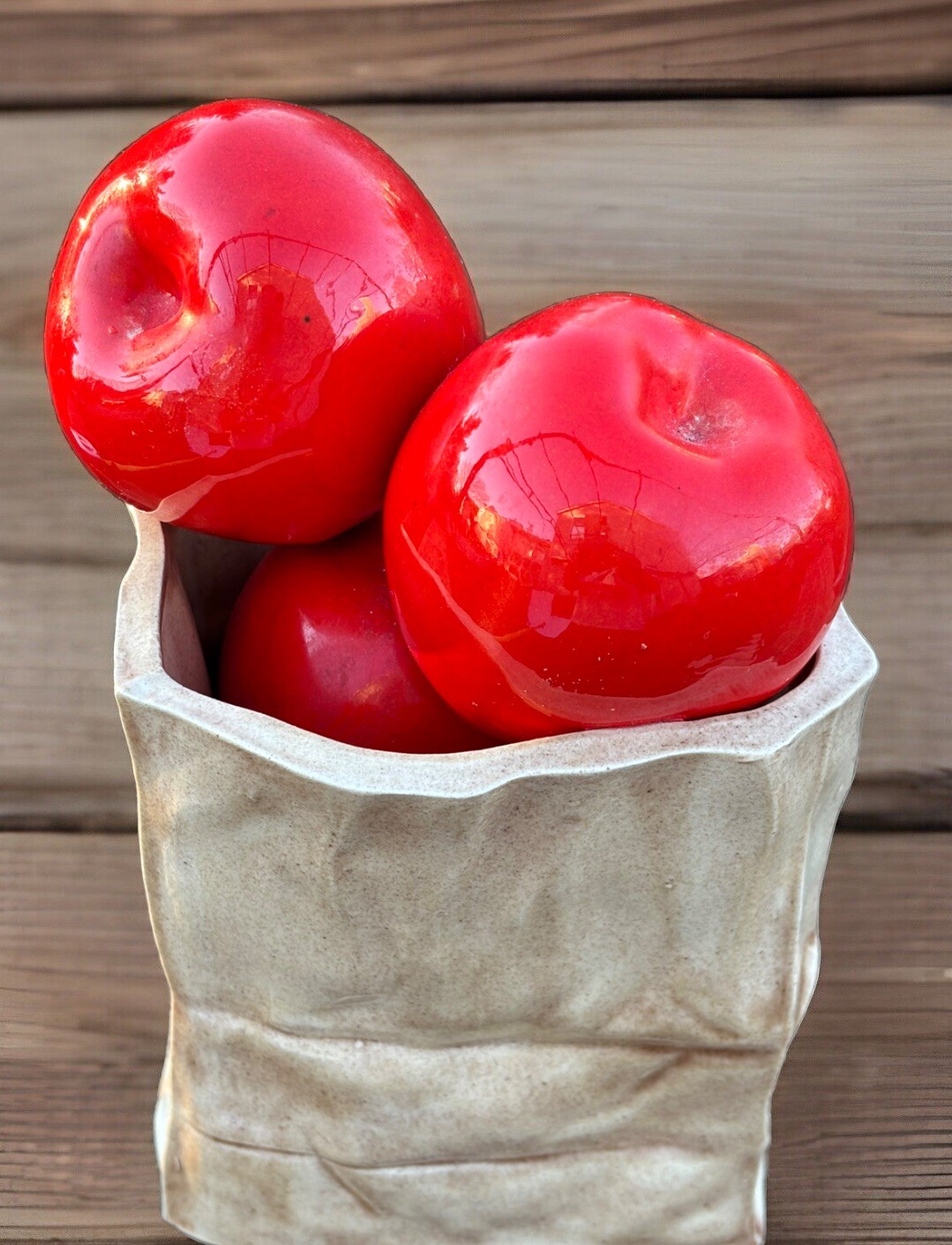 Ceramic Red Apples Brown Bag Pottery Kitchen Farmstand High Gloss Tabletop Decor