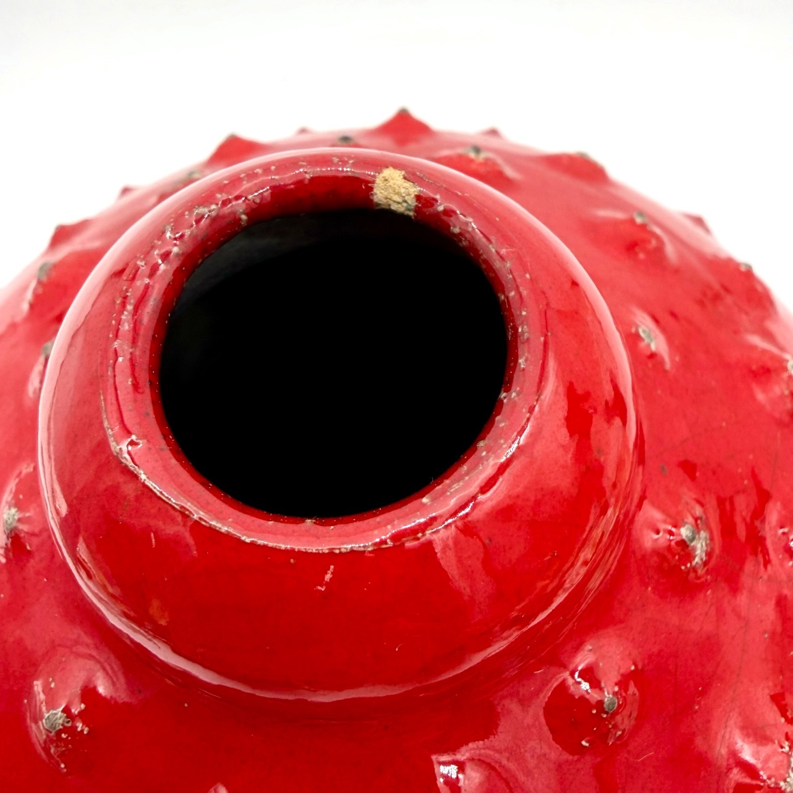 Signed 2003 Modern Art Pottery Red Glaze Vessel Textured Urn Abstract Sculpture