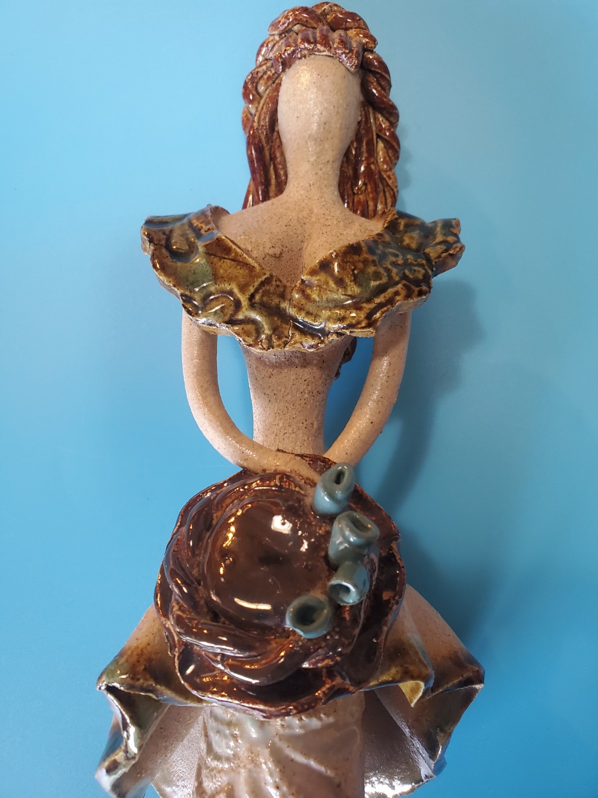 Spaghetti Hair Clay Art Pottery 9.5 Inches Tall Sculpture Woman Holding Hat