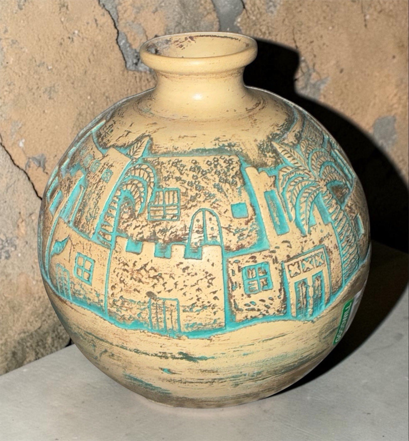 Bahrain Handcrafted Delmon Pottery Mid Century Incised Ornate Design 7” Tall