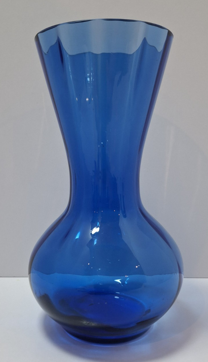 Vintage Hand Blown Glass Vase Cobalt Blue Pleated Flare Mid Century Modern