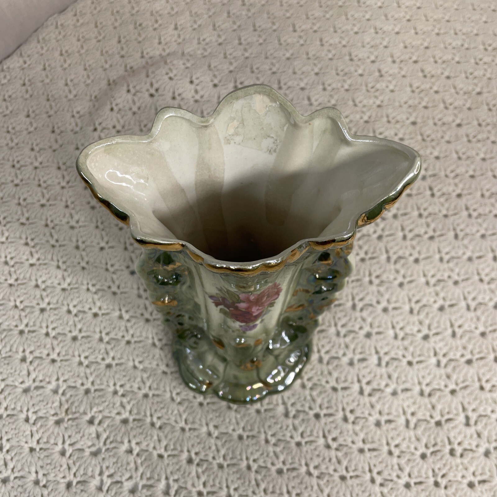 Vintage Hand Painted Lusterware Vase Pottery Made In Taiwan Floral Gold Accents