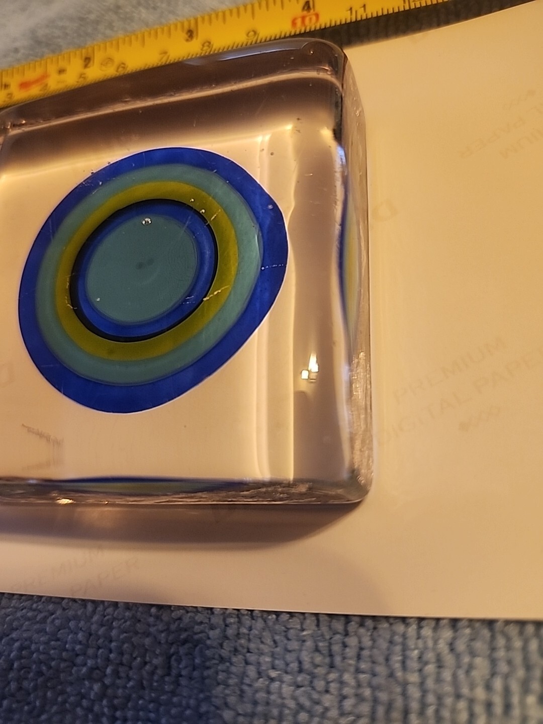 VINTAGE Paperweight Swirls Of Green Blue Striped Bullseye 2/3/4”
