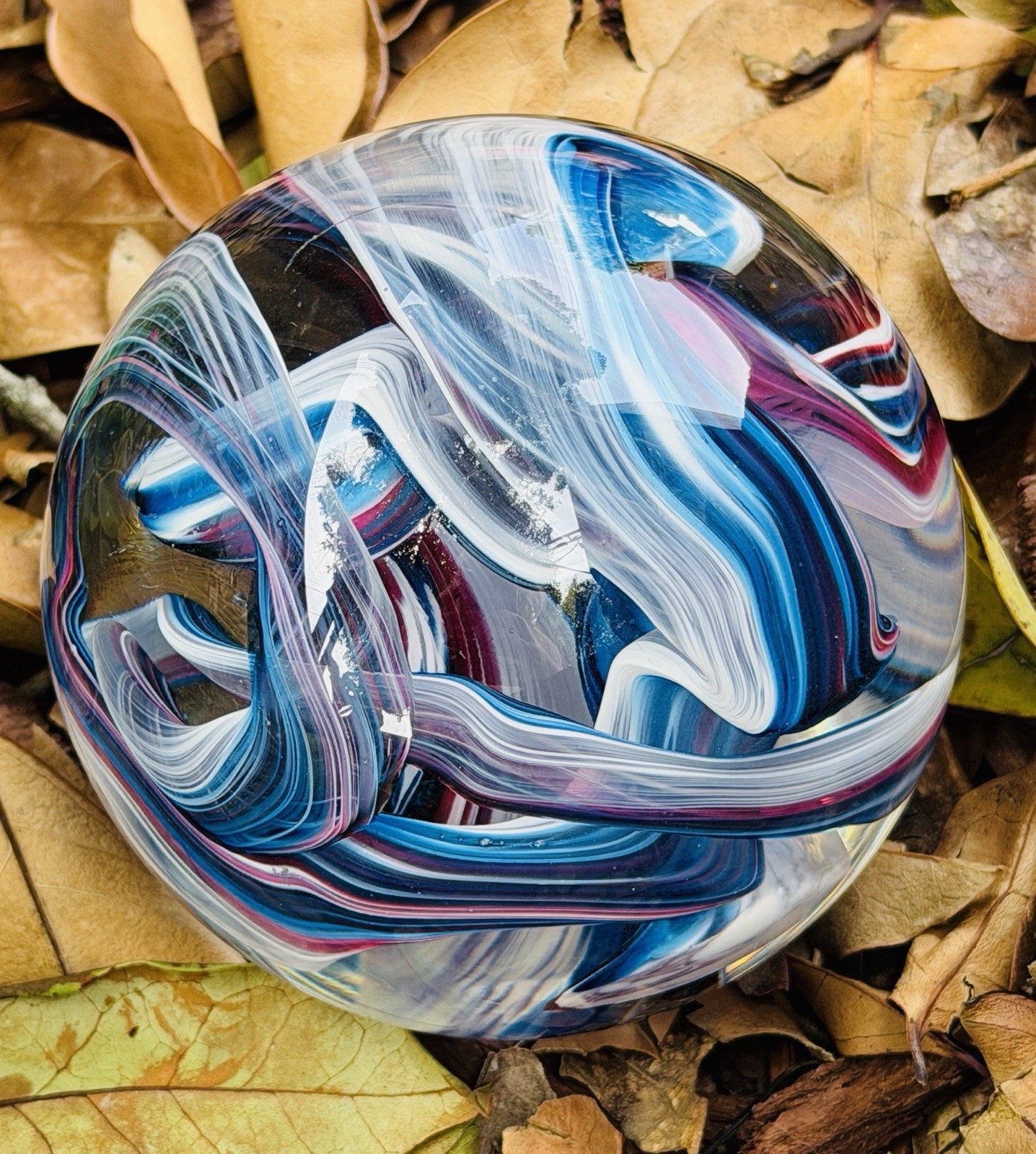 Signed 2004 Opal Studio Art Glass Paperweight Blue Pink Swirl Heavy 11”