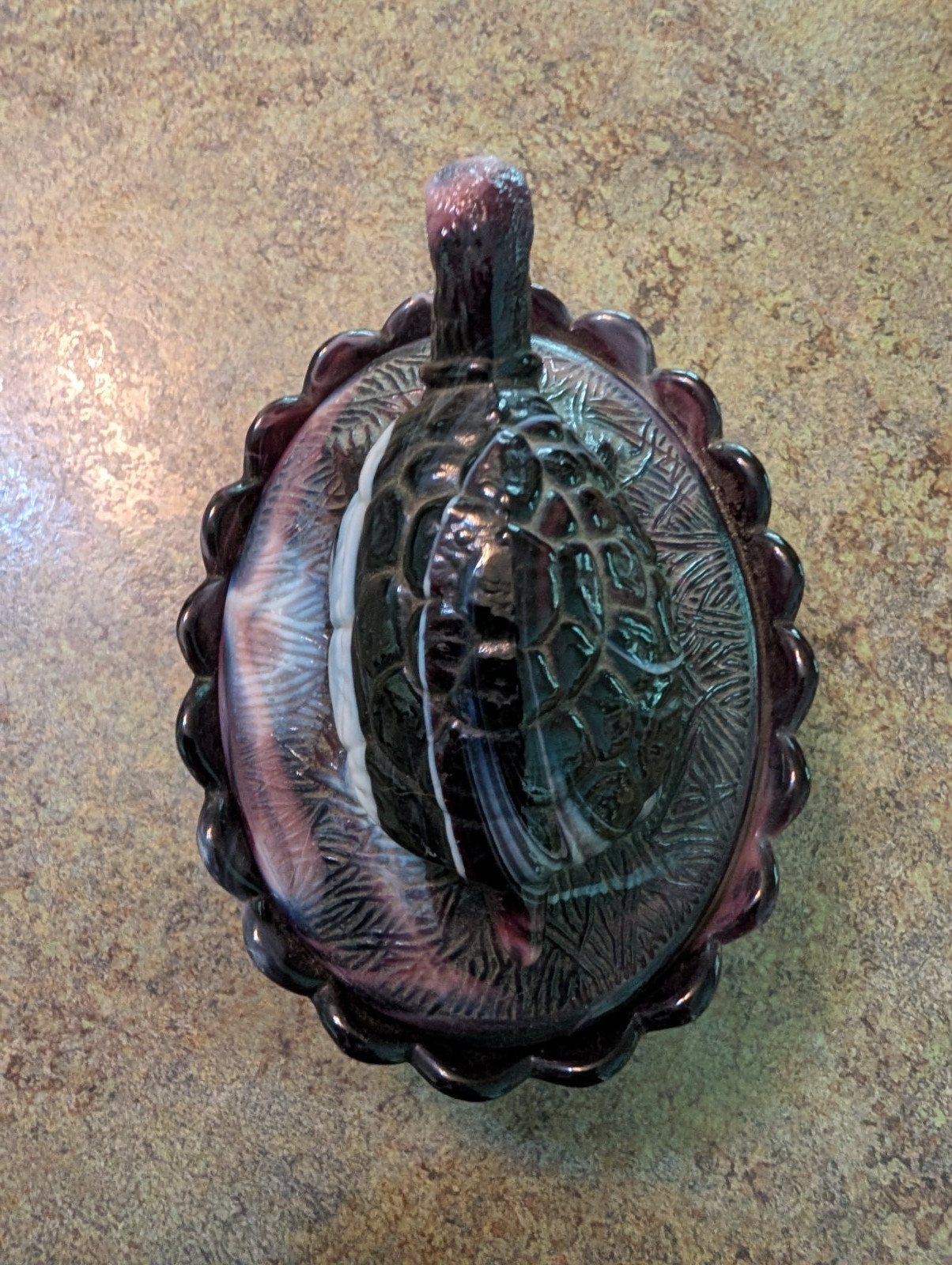 RARE Adorable Amethyst Slag Glass Turtle On Basket Glass Dish Basket Weave