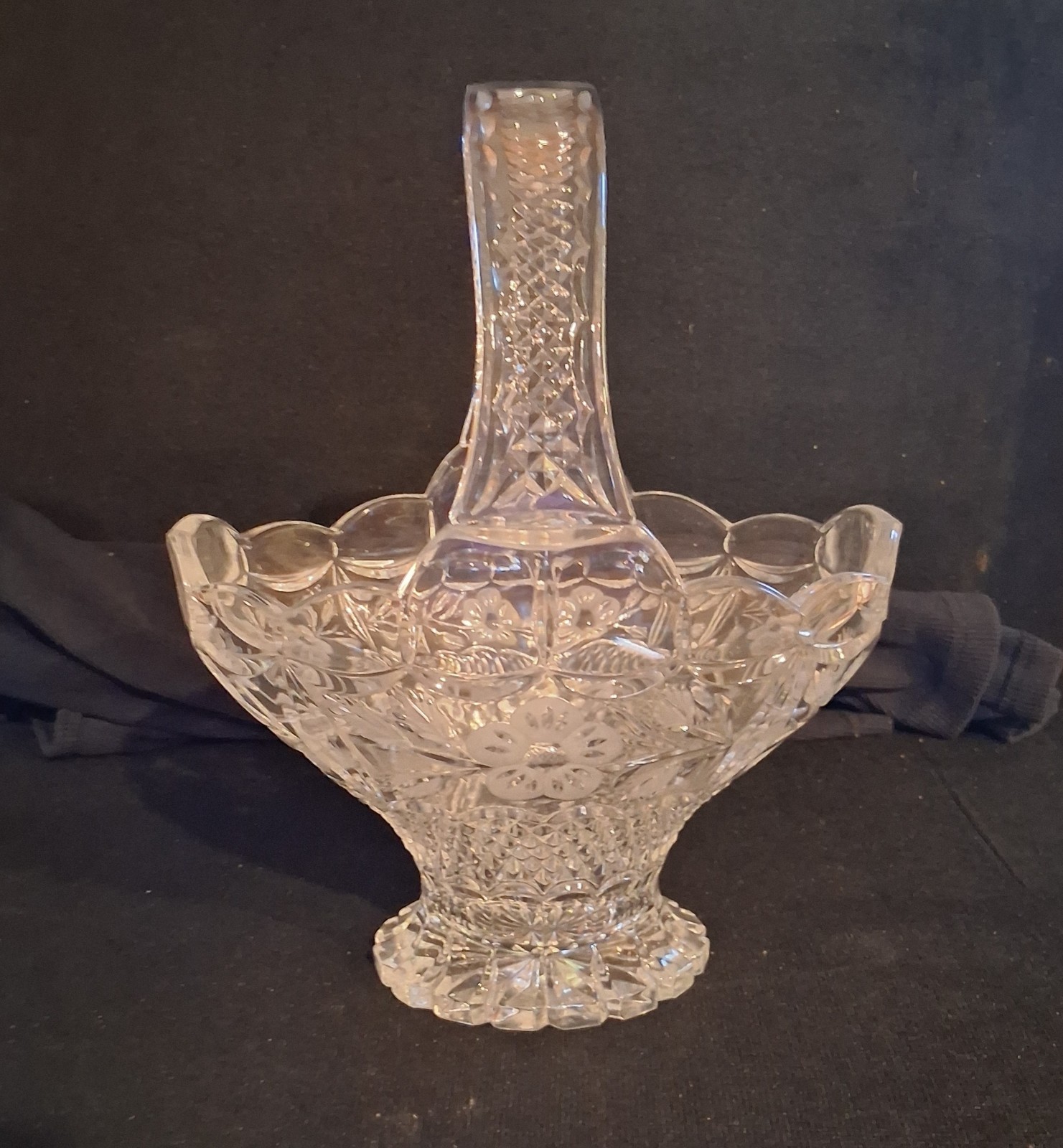 Vintage 24% Lead Cut Crystal Basket w/Frosted Flowers & Leaf Pattern.