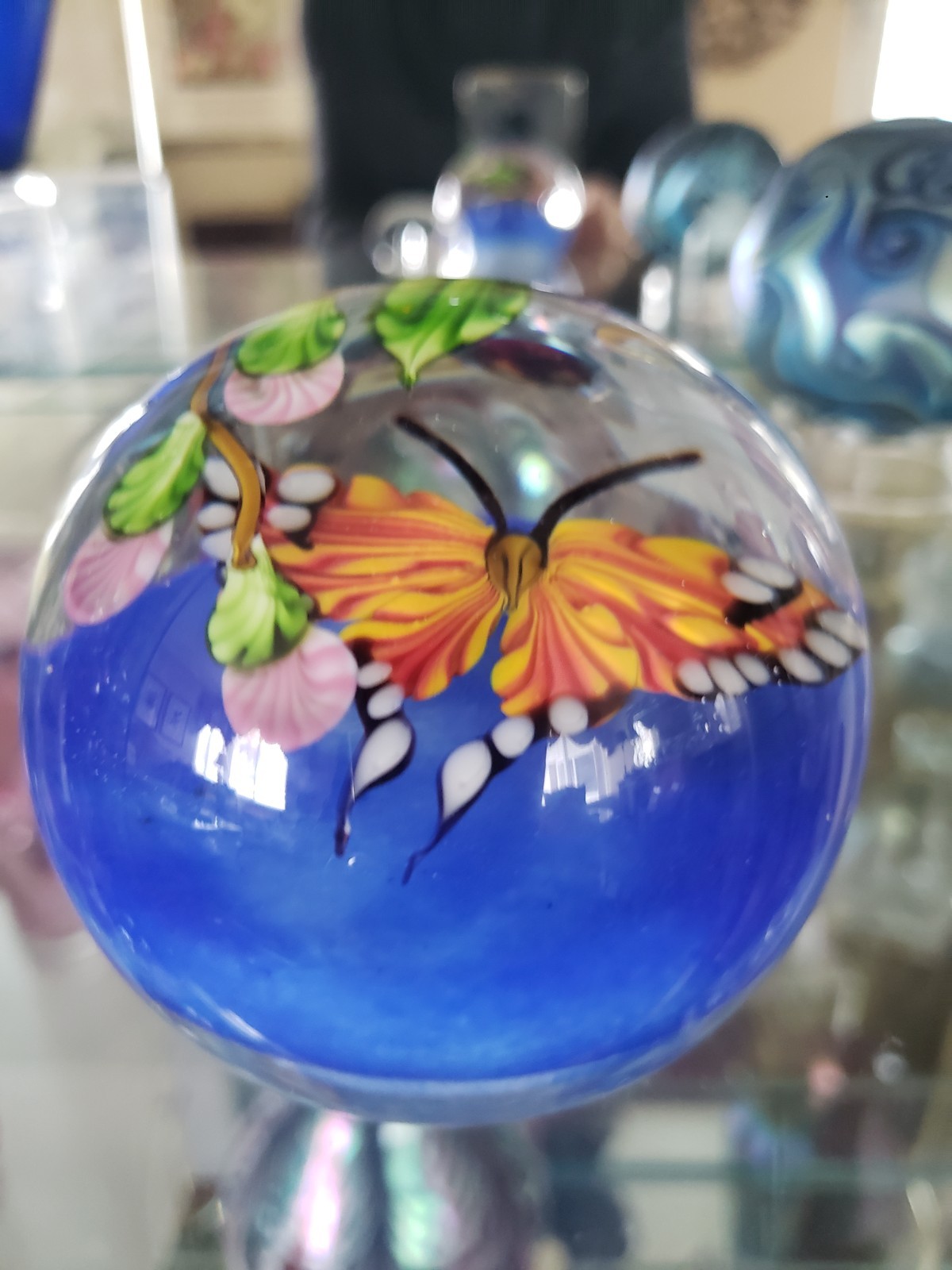 MANUEL WARD BLUE GLASS PAPER WEIGHT W/BUTTERFLY 2010
