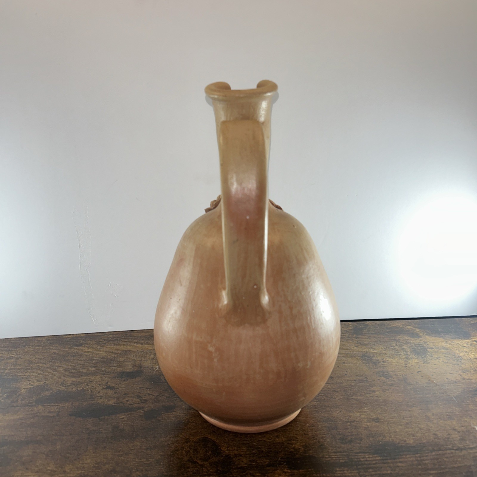 Redware Clay Wine Pitcher w/Applied Handle/Vase, Berries On A Leaf, Handmade