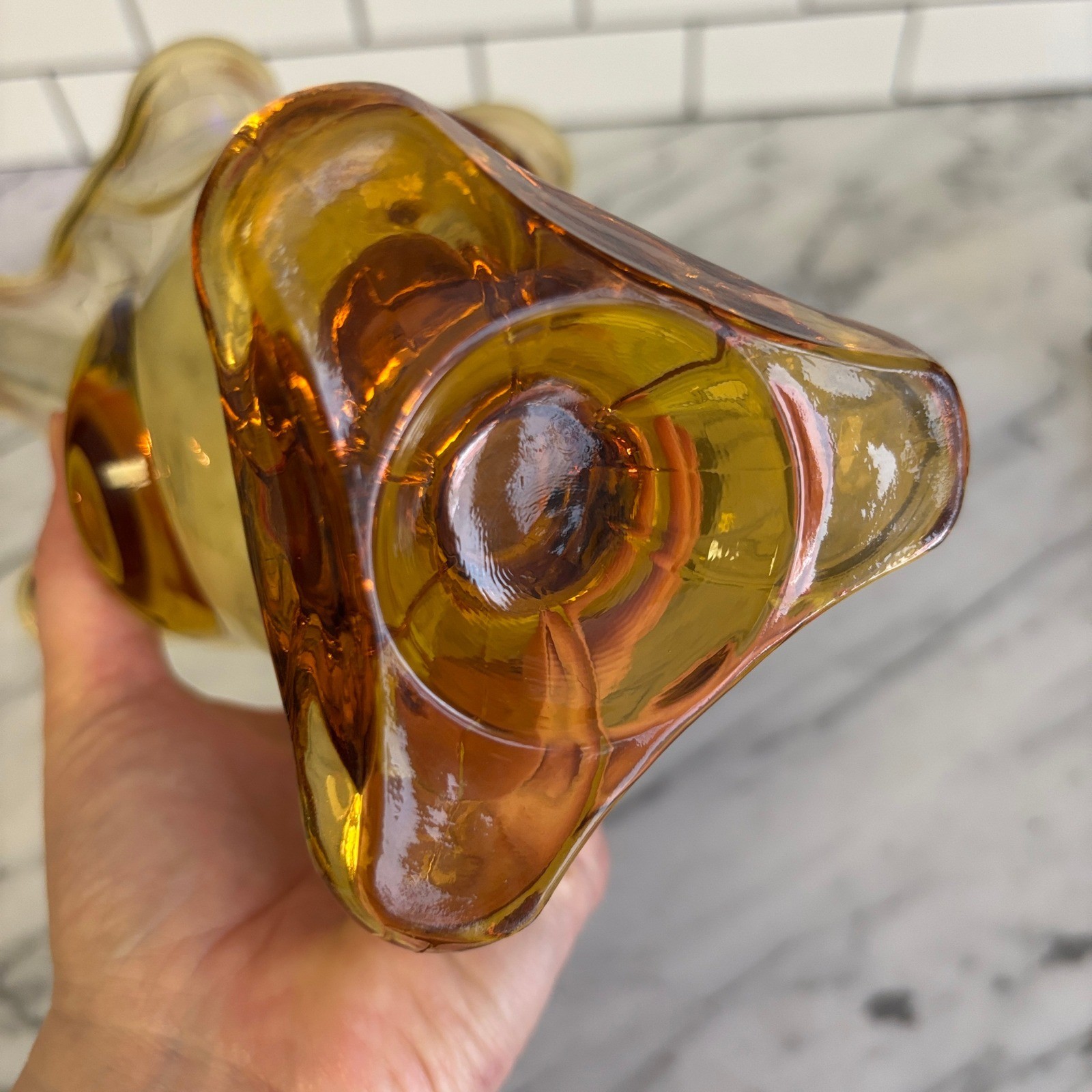 Viking Amber Glass Handkerchief Dish Vase 8″ Six Petal Pedestal MCM