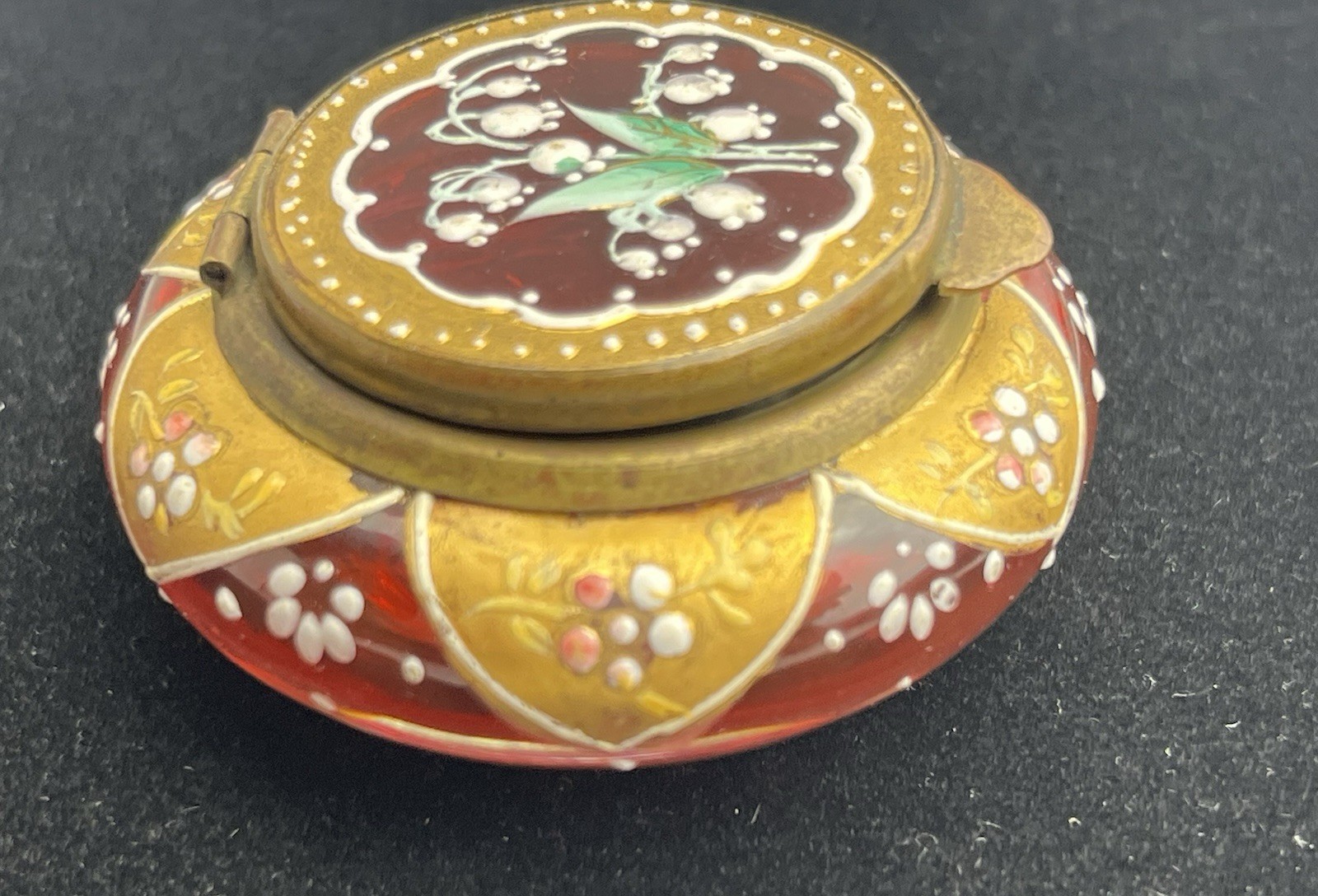 Antique Cranberry Art Glass Dresser Box Rare Lily Of The Valley Motif