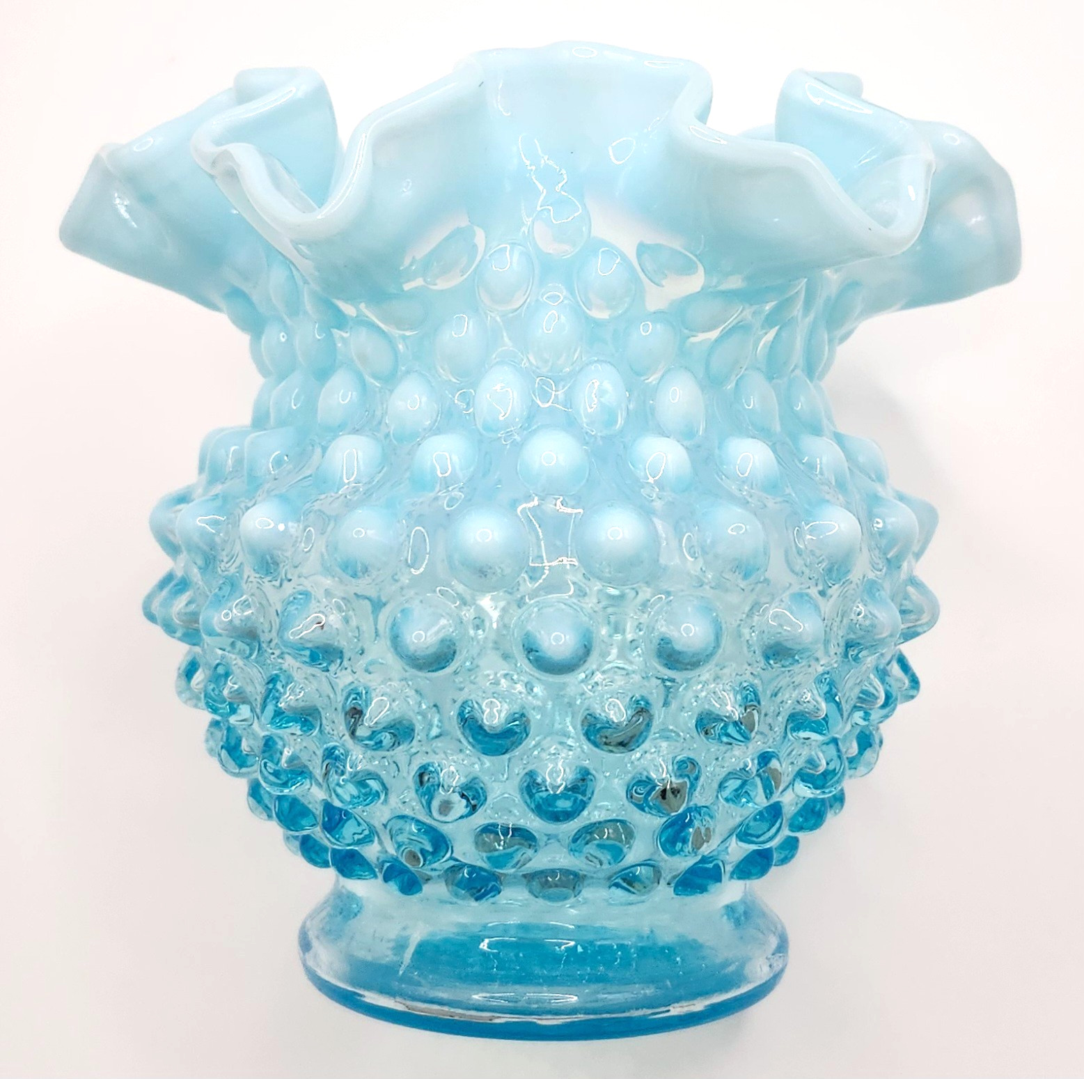 Vtg Fenton Aqua Baby Blue Opalescent Hobnail Ruffled Art Glass Vase 4.5″ AS IS