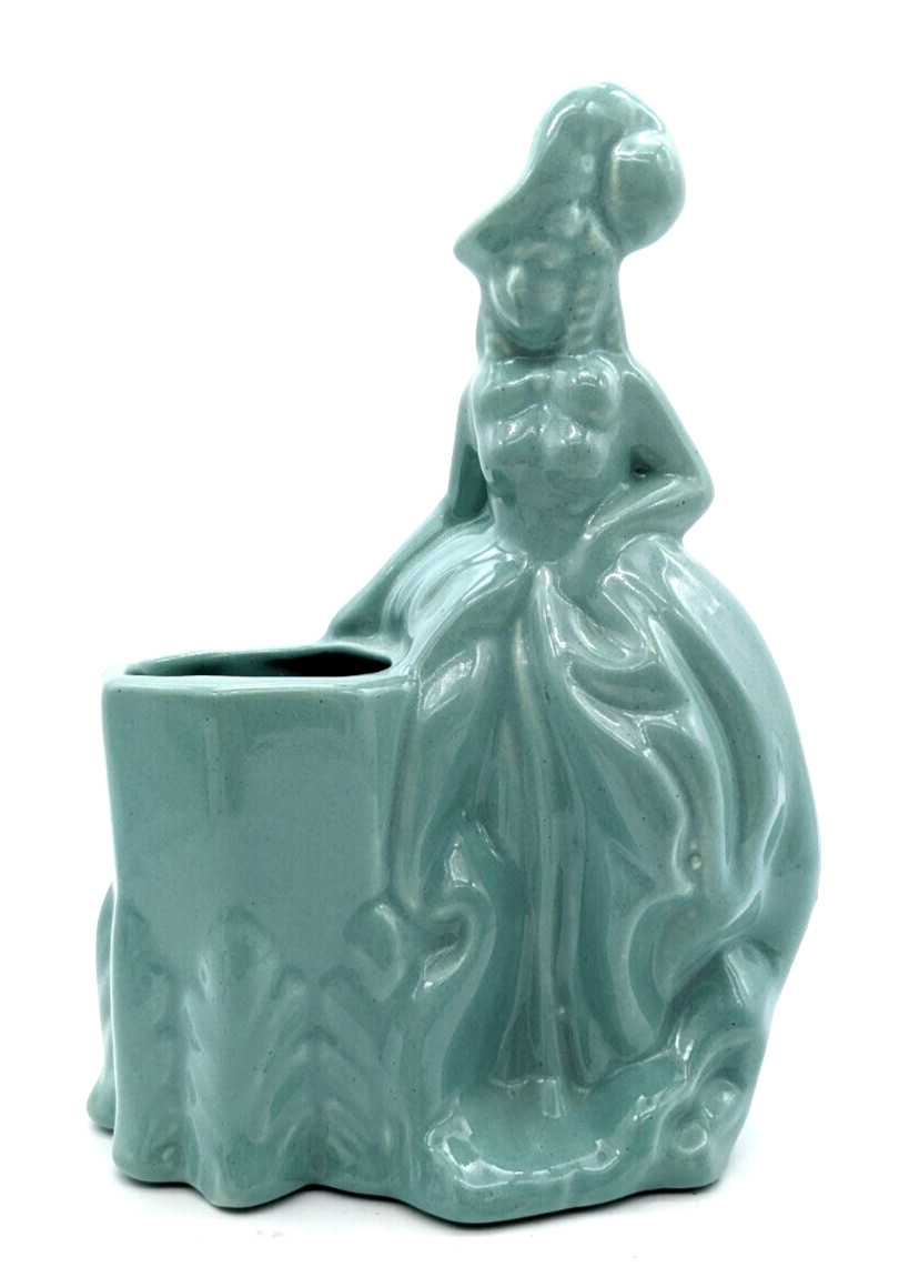 Vintage Haeger Pottery Planter Blue Glaze French Style Woman Girl 7 5/8″ Tall
