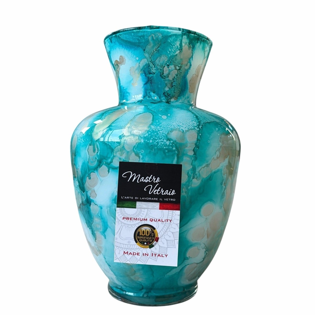 Italian Murano Turquoise Watercolor Art Glass Vase 10.5in Hand Blown NEW