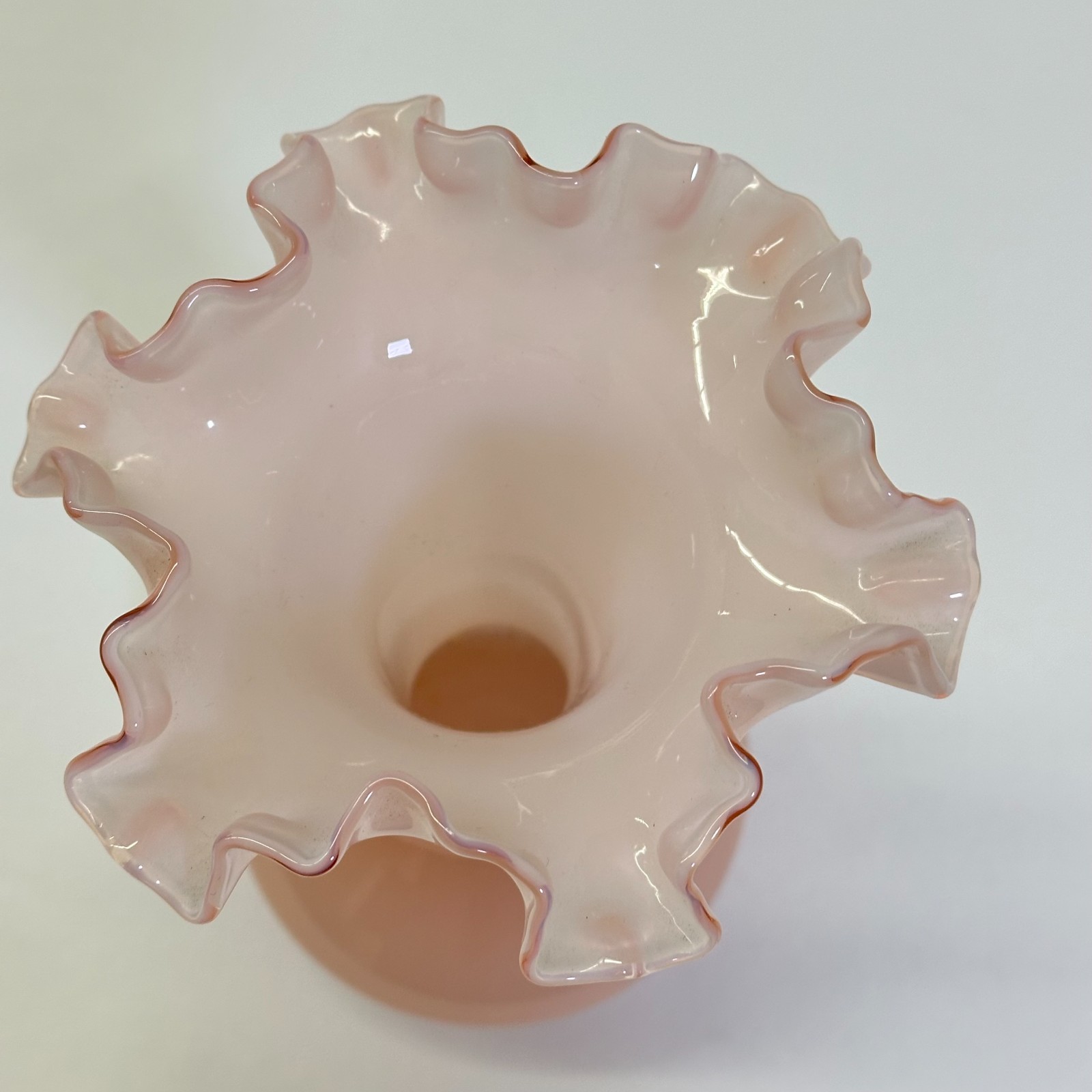 Fenton Pink Overlay Ruffled Vase Milk Glass Crimped Rim Vintage 7 3/4″