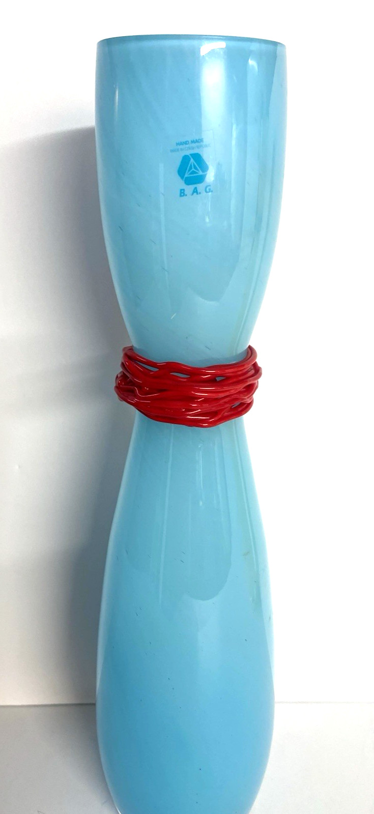 Rony Plesl Czech Art Glass Turquoise & Red Vase Hand Blown Signed 13″