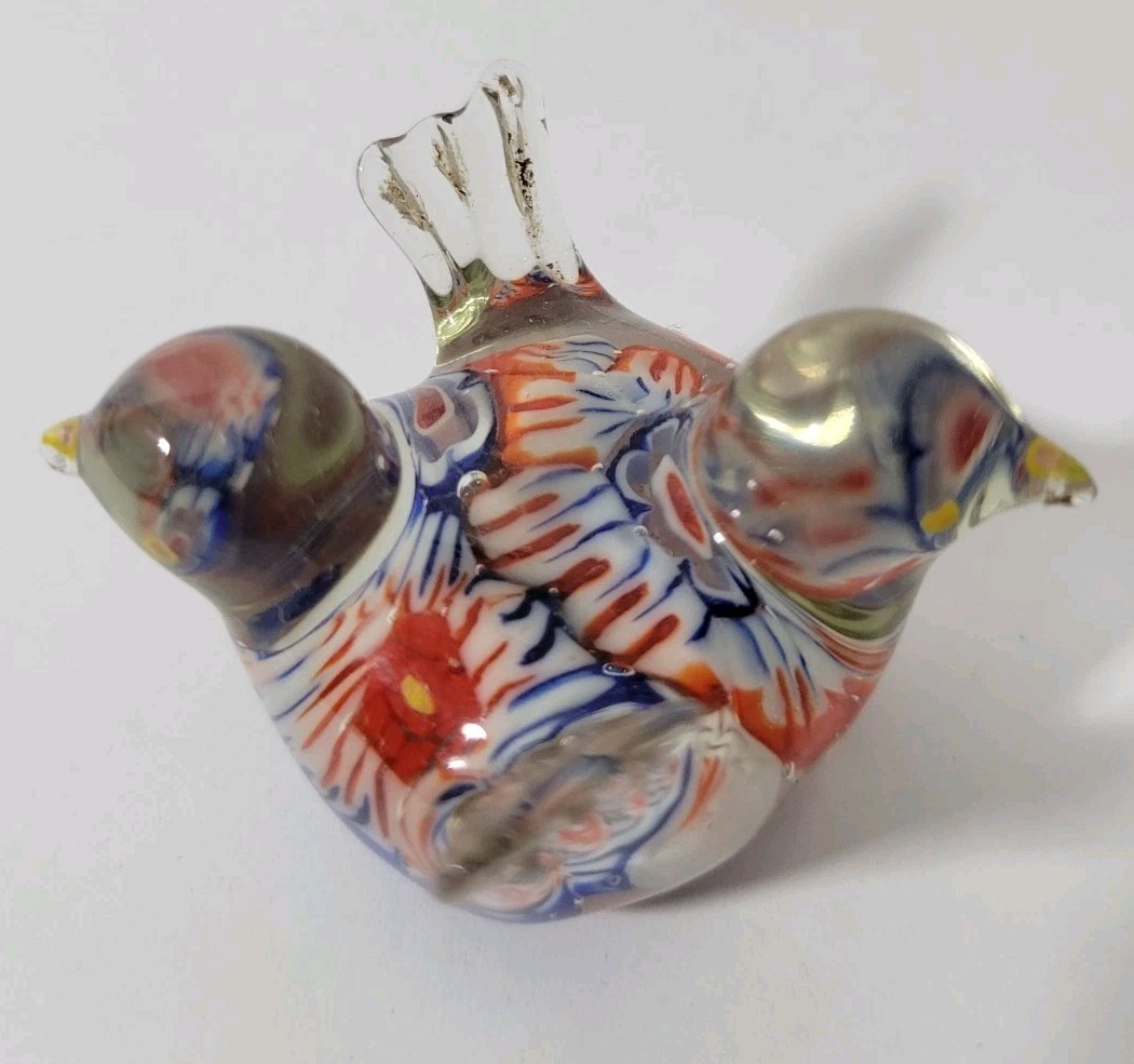 Vintage Millefiori Art Glass Love Birds Figurine Hand Blown Red Blue White