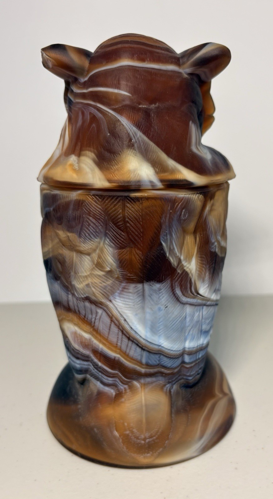 Vintage Imperial Caramel Slag Glass Owl Covered Dish AS-IS Chipped Ear w/Labels