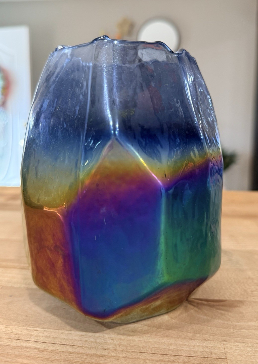 7in Hand Blown Iridescent Abstract Multicolor Art Glass Vase Blue Purple