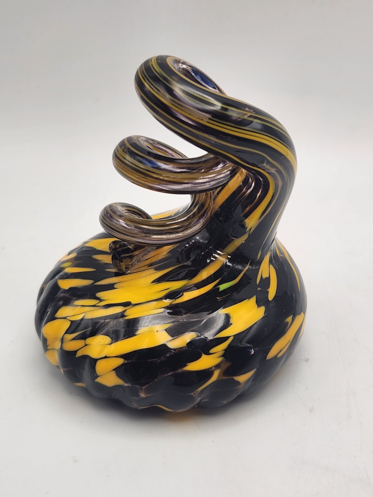 Hand Blown Glass Pen Holder Paperweight Black Gold Corkscrew Swirl Twist