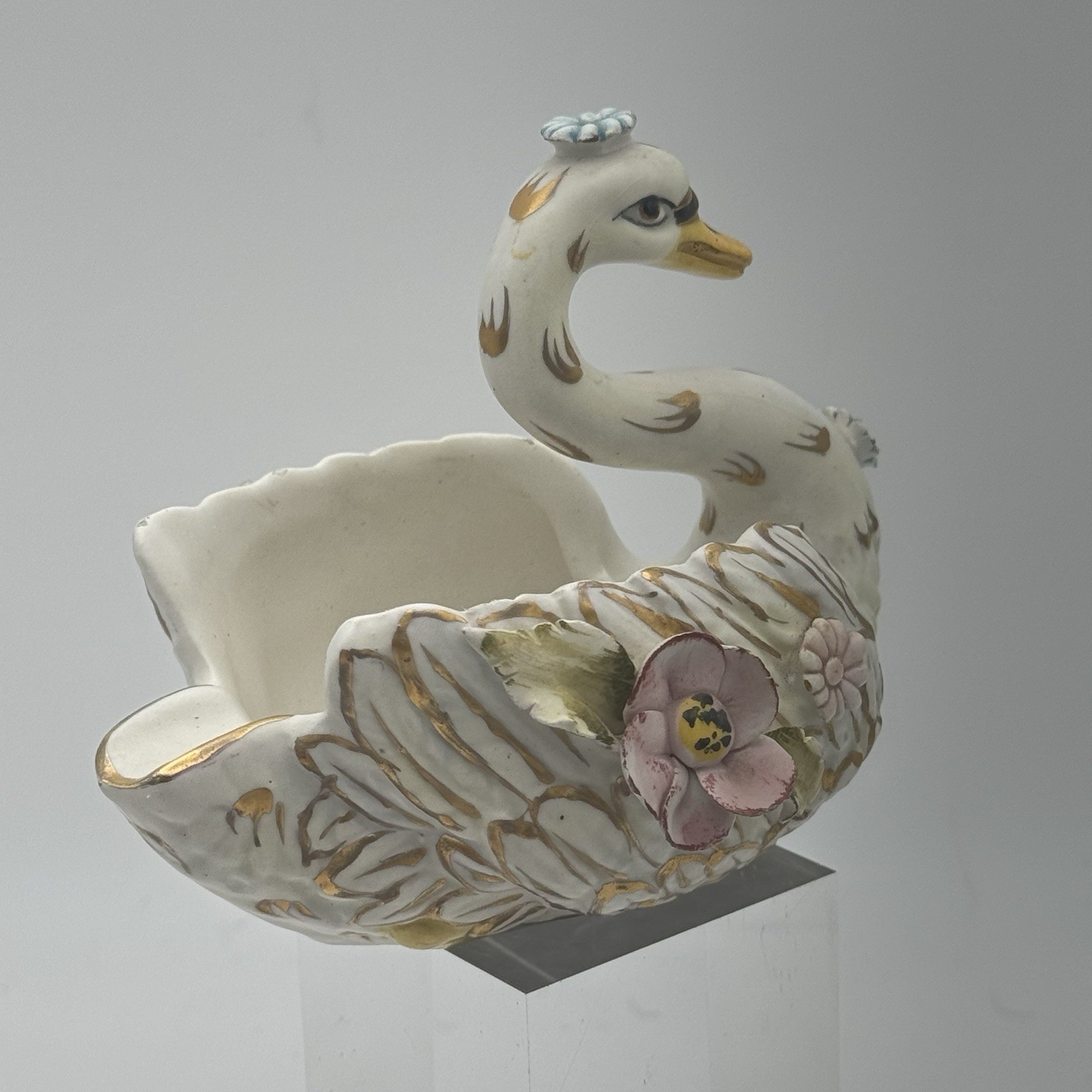 Vintage 50’s-60’s Ardalt Fiori Antico Swan Bowl Gilded w/ Flowers No Chips Italy