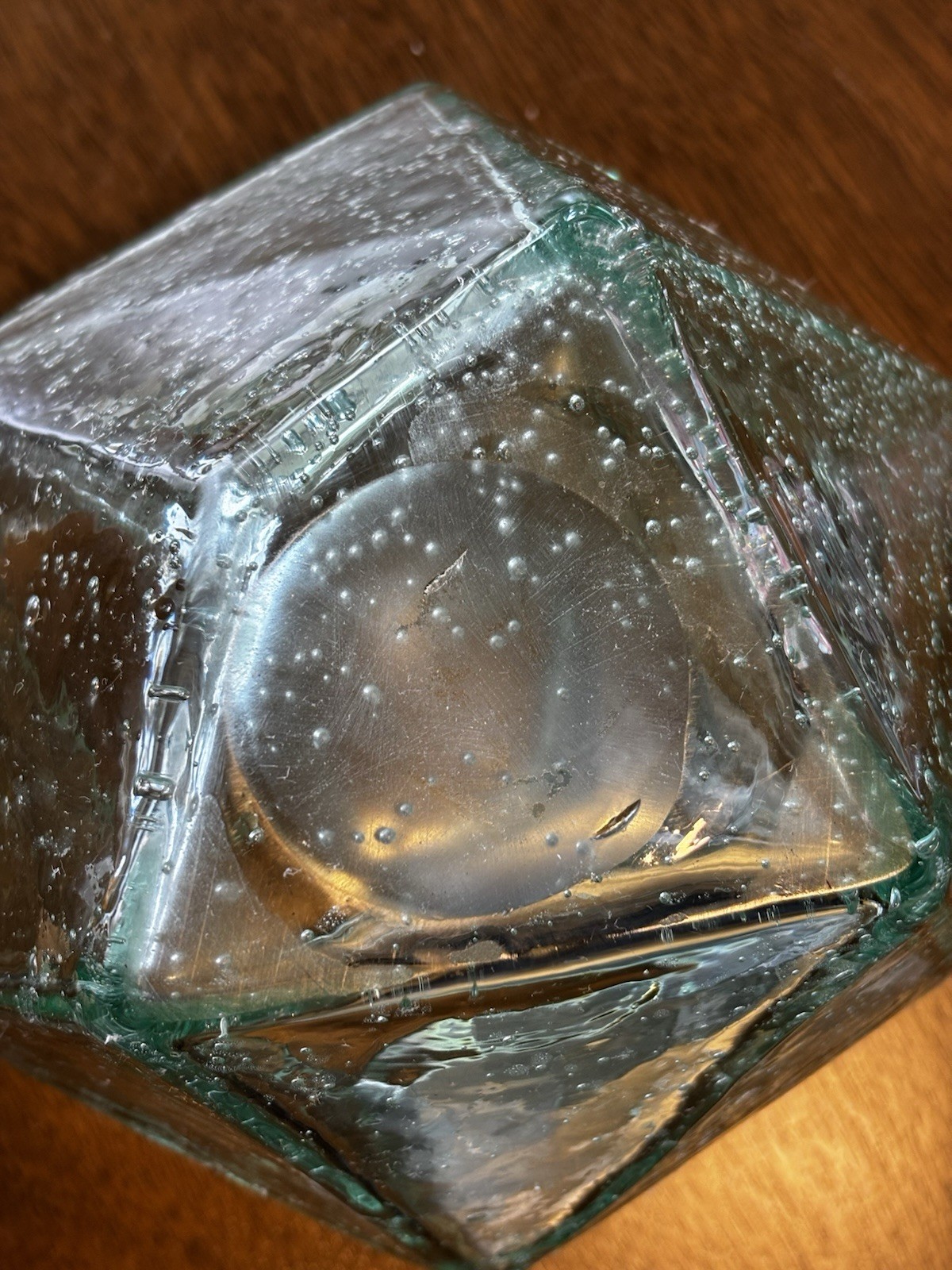 Vintage Green Bubble Glass Triangular Geometric Art Vase Jar Candle 6.5 in tall