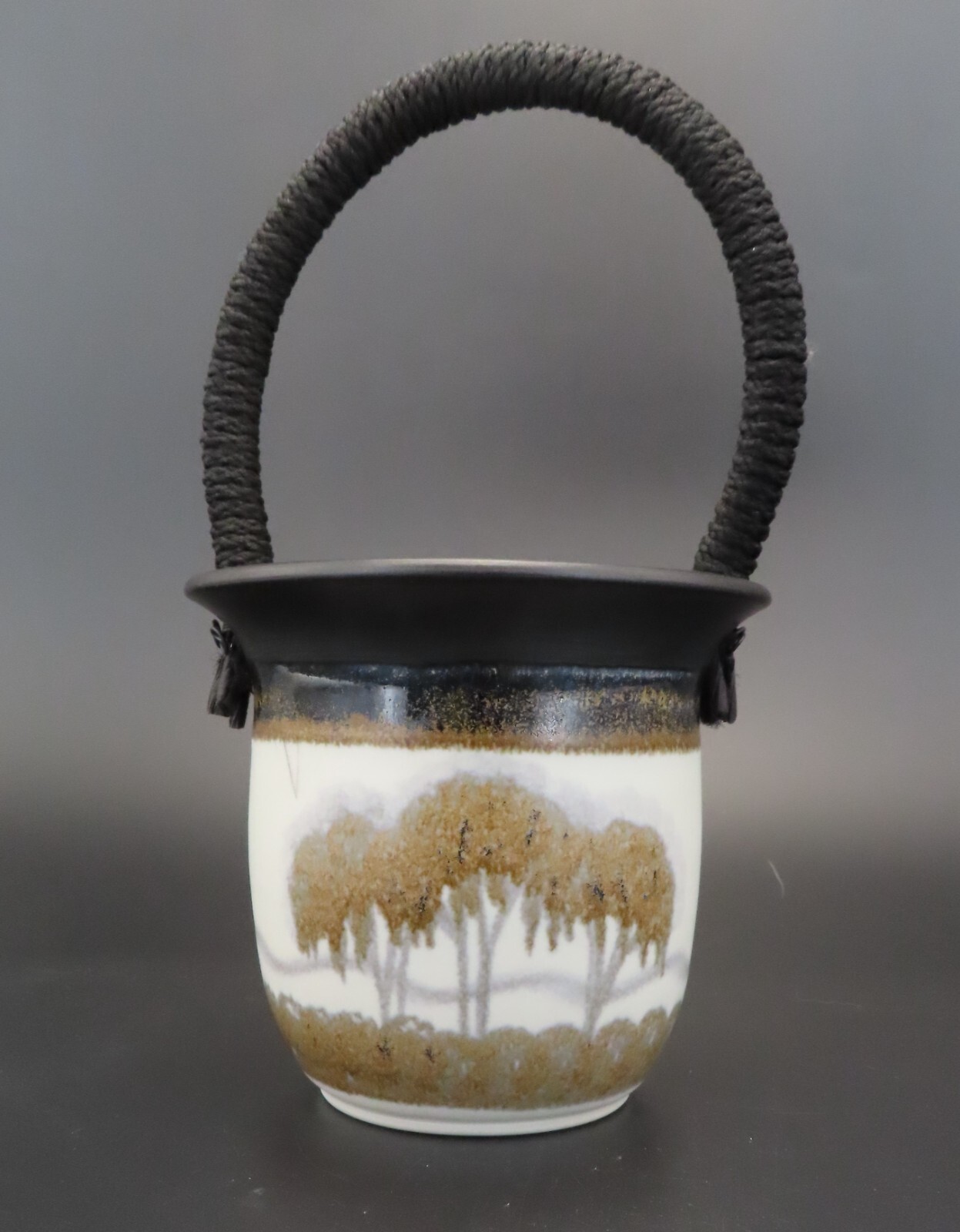 Nancy Bishop Pottery Pot Basket Jar Silhouette Trees w Corded Raffia Handle 4.5″