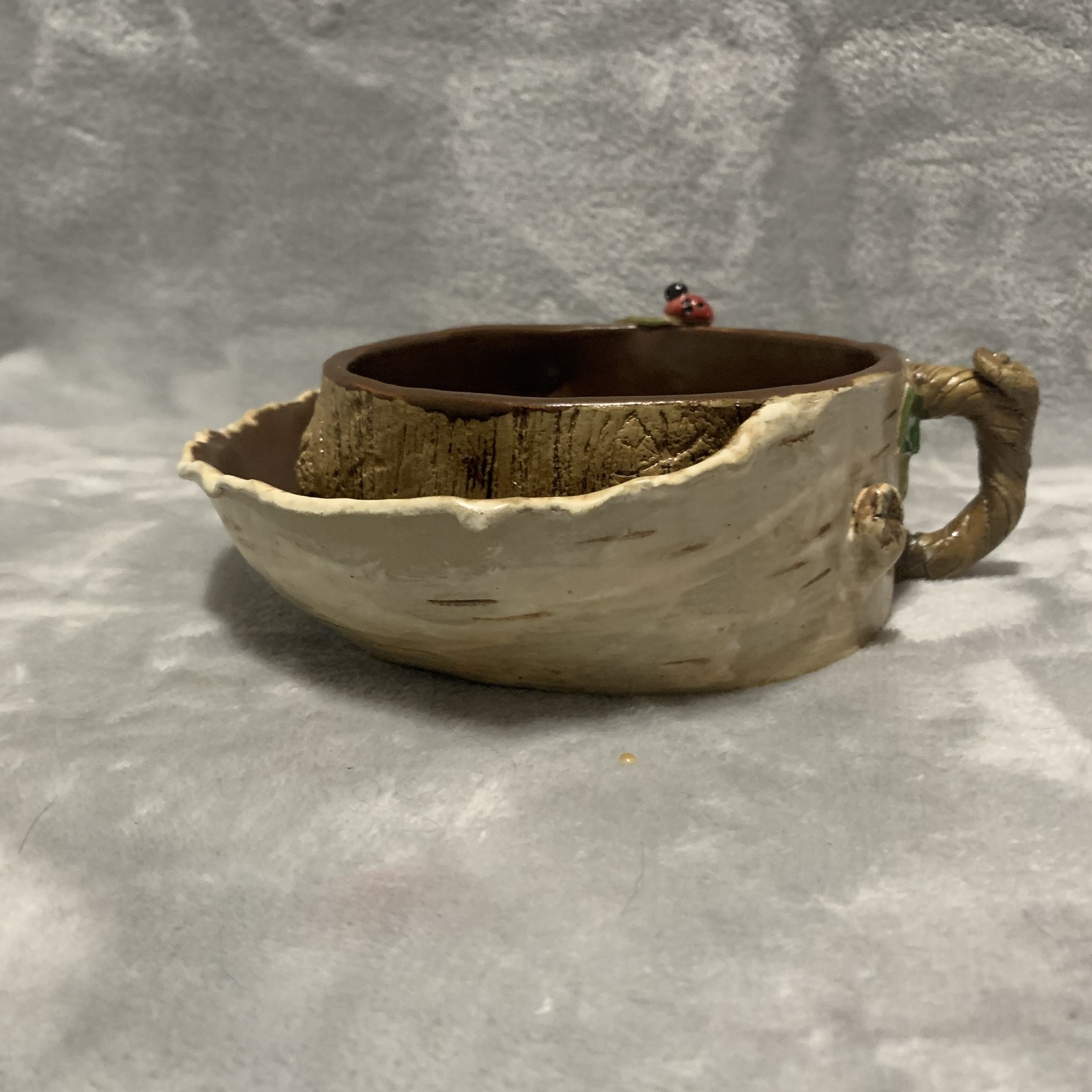 Unique Birch Bark Tree Stump Ceramic Vase Planter Mug Ladybug Handle Decorative