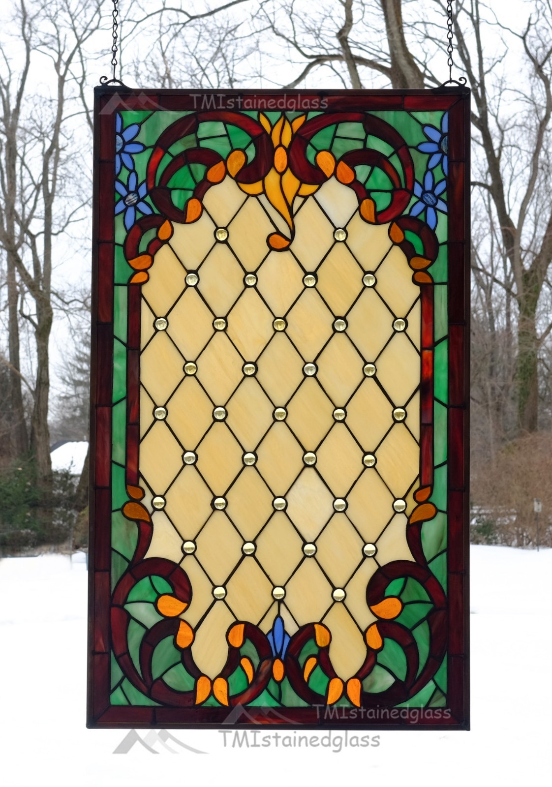 20″ x 34″ Tiffany Style stained glass window panel Jeweled glass panel, HF43