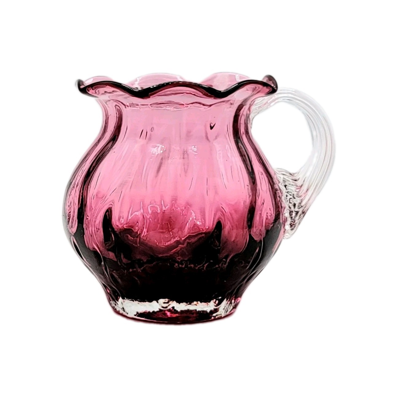 Pilgrim Cranberry Art Glass Vase W/ Ribbed Handle Ruffled Rim Hand Blown MCM