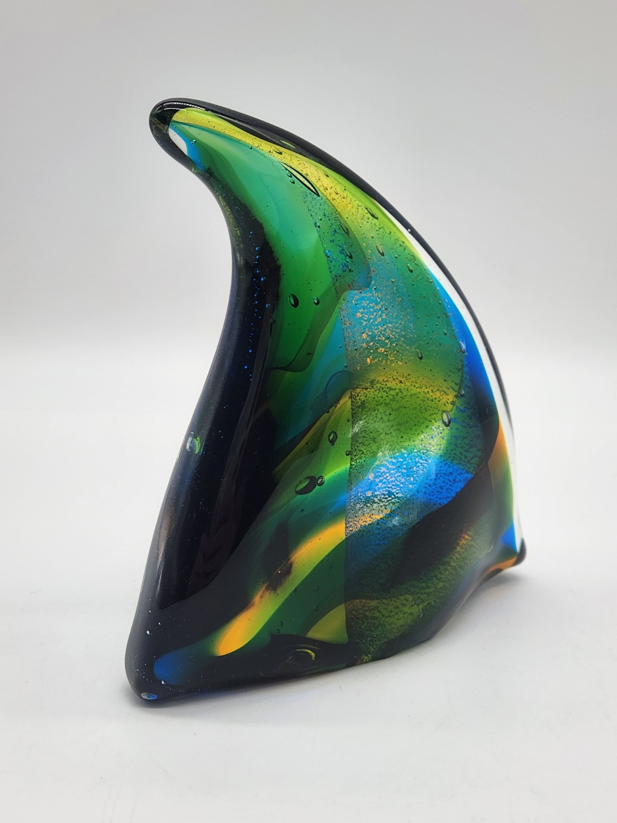 Art Glass Paperweight Fish Fin Blue, Green, Yellow 5.25″ x 5″