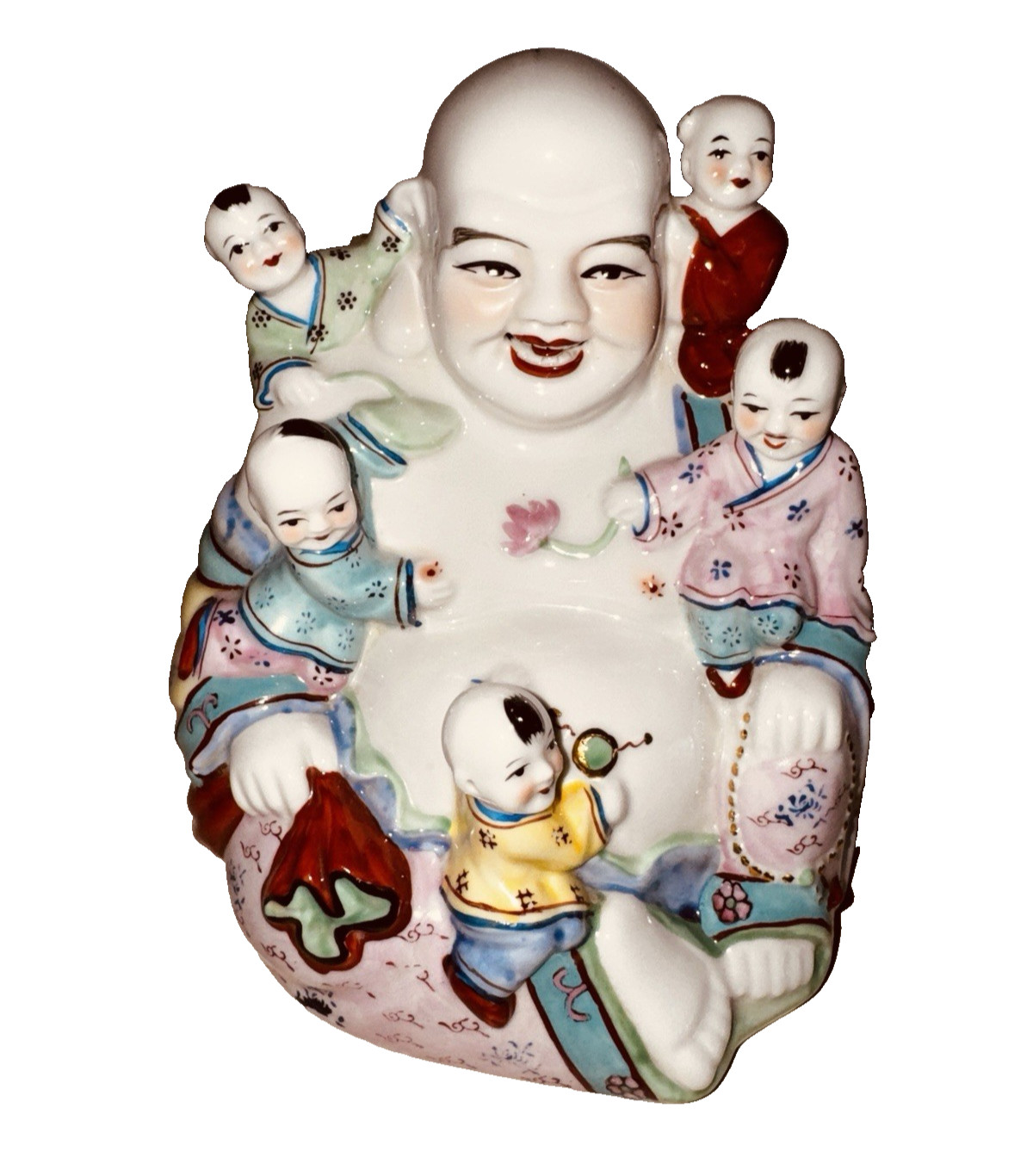 Vintage Laughing Happy Buddha Statue w/Climbing Children Lucky Fertility 6″ Tall