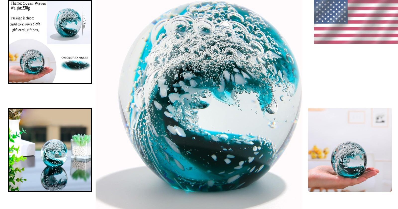 Qianwei Hand Blown Ocean Waves Crystal Ball – Glass Collectible Figurines Spere