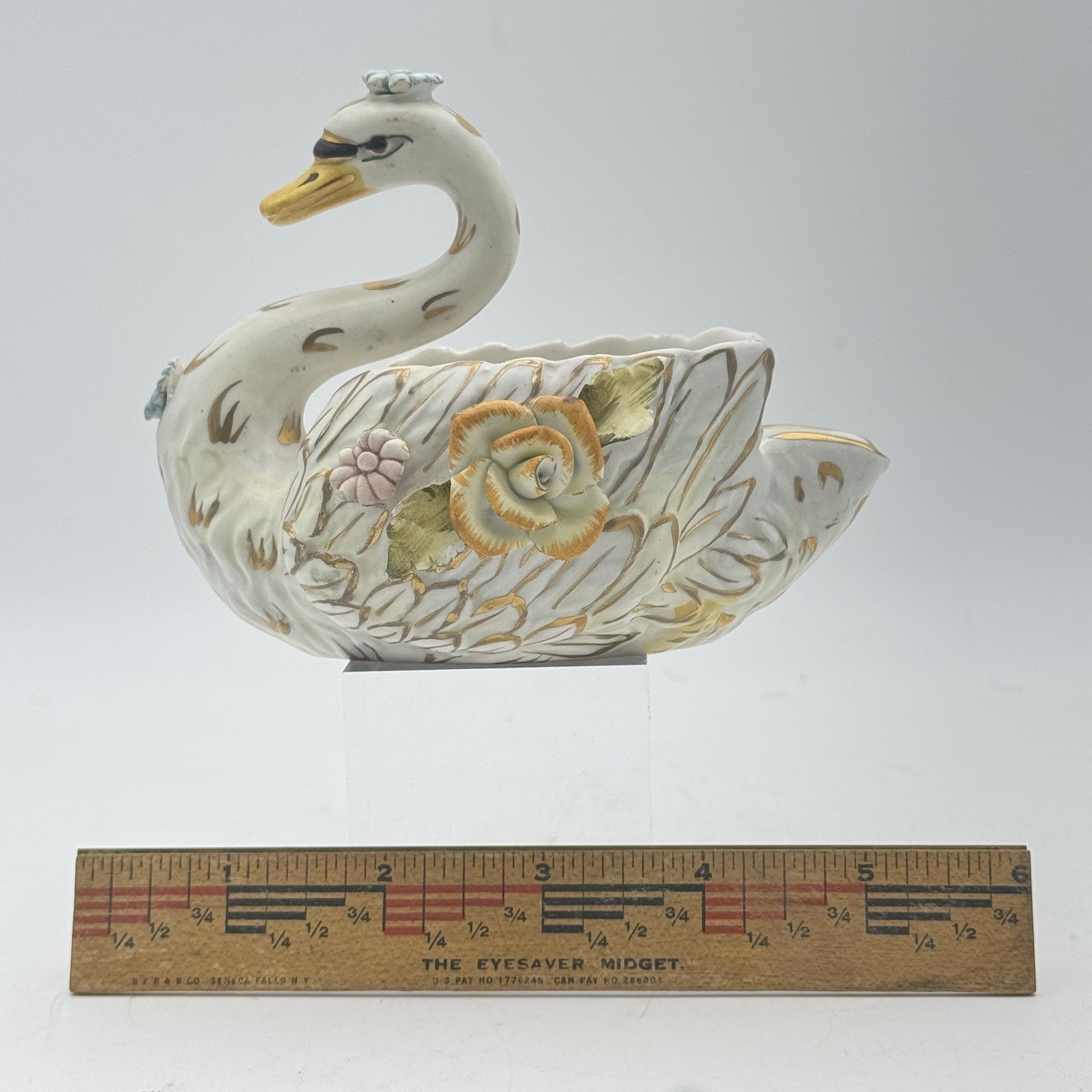 Vintage 50’s-60’s Ardalt Fiori Antico Swan Bowl Gilded w/ Flowers No Chips Italy