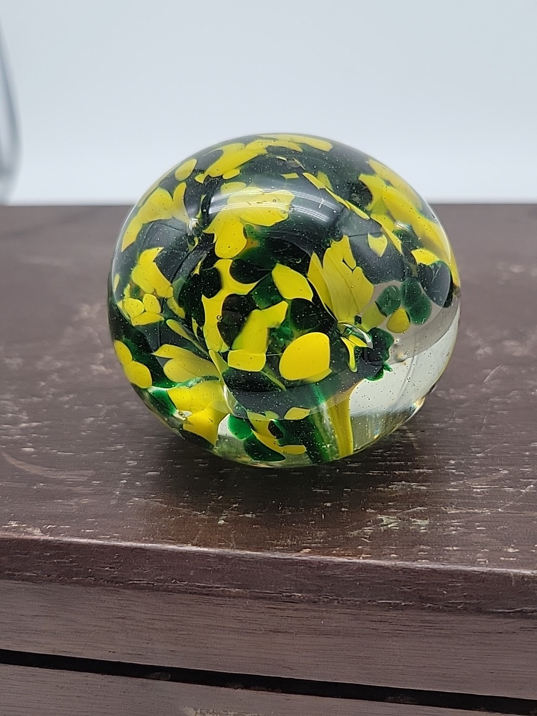 READ Art Glass Paperweight in Green and Yellow 2.25″