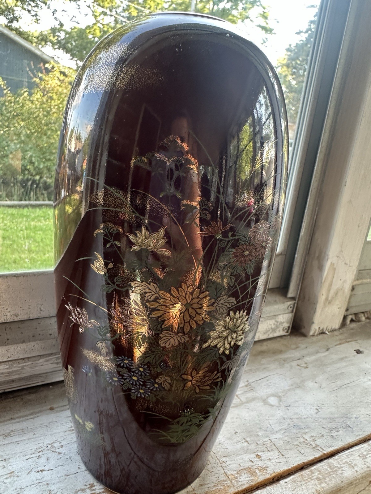 Brown Glossy Floral Pattern Vase Decorative Flowers Theme Home Decor Accent