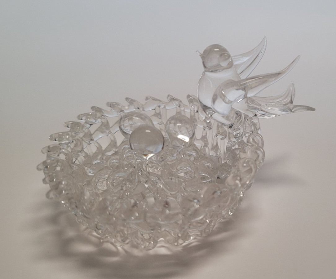 Vintage Collectible Miniature Spun Glass Birds Nest w/Bird and Eggs