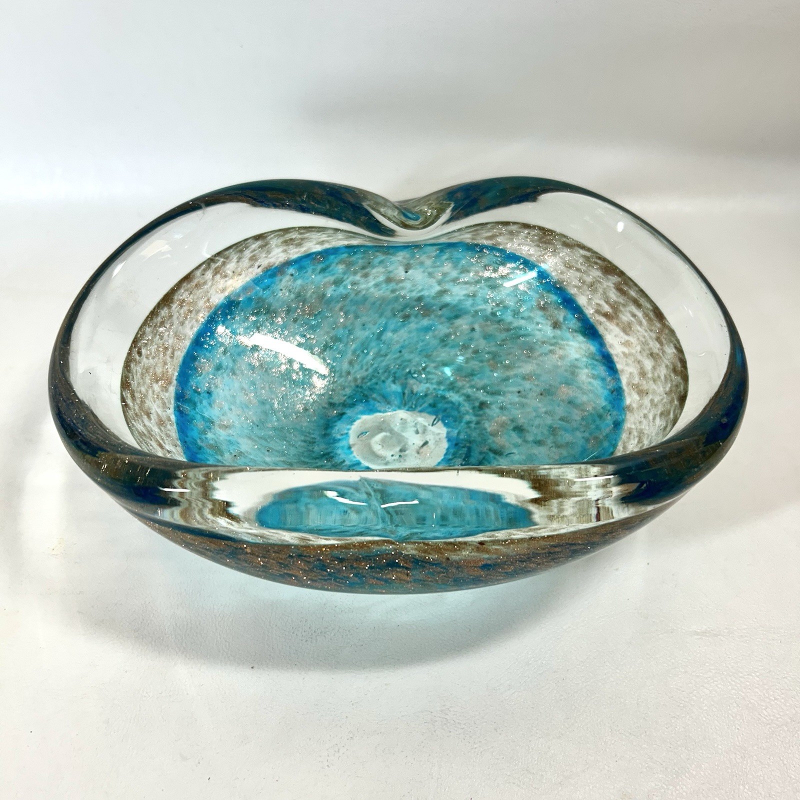Vtg Italian Aquamarine Teal & Gold Fleck Aventurine Bowl 8″ 2.75 lbs Murano?