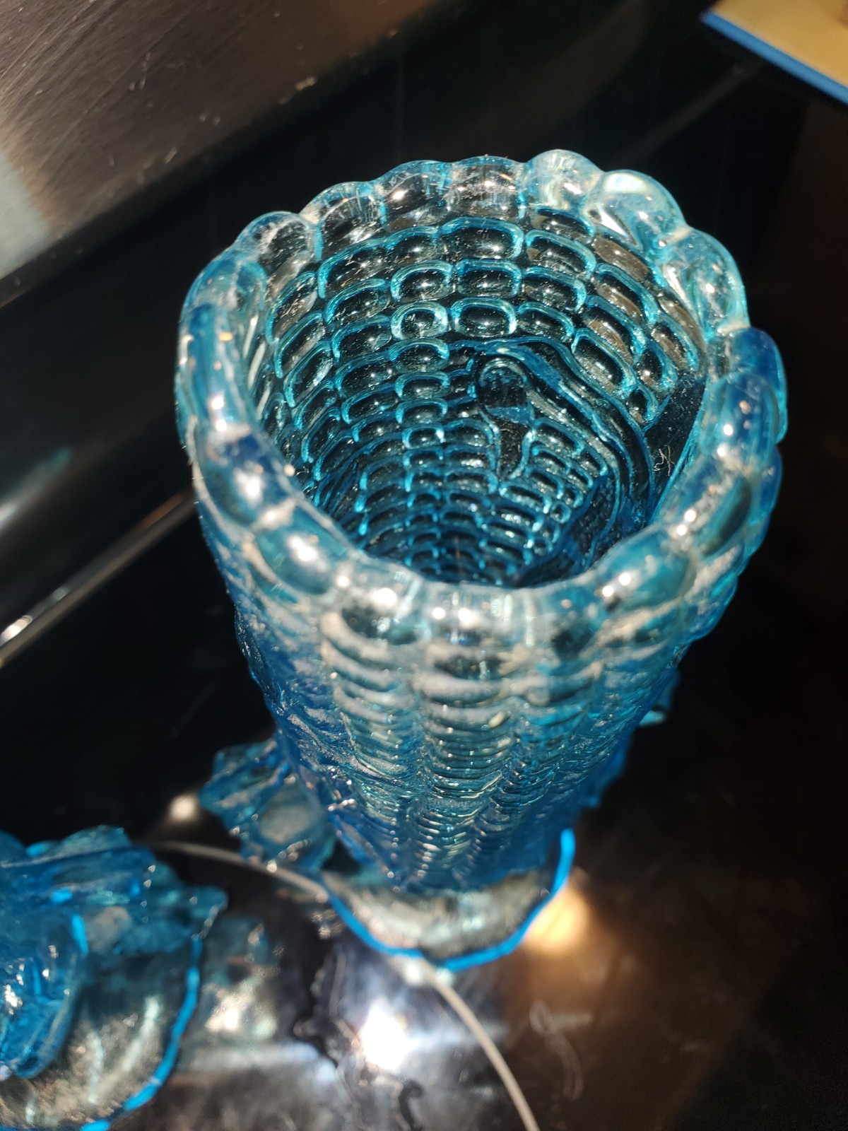Vintage 1950s L.G. Wright Blue Glass Corn 7-1/4” Footed Vase Pair