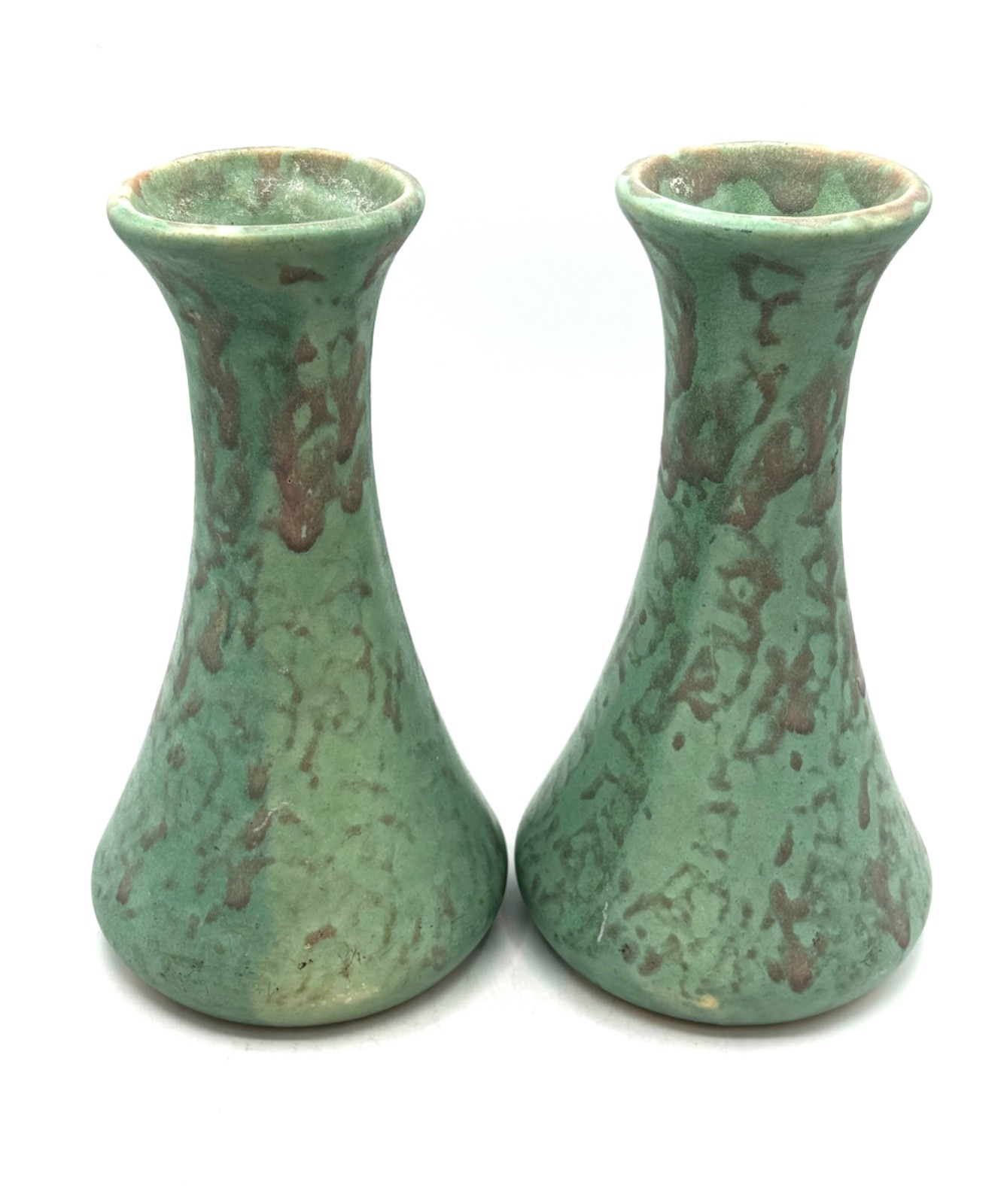 Vintage Brush McCoy Art Pottery Vase Vellum Mottled Green 1930s 8” Rare Set of 2