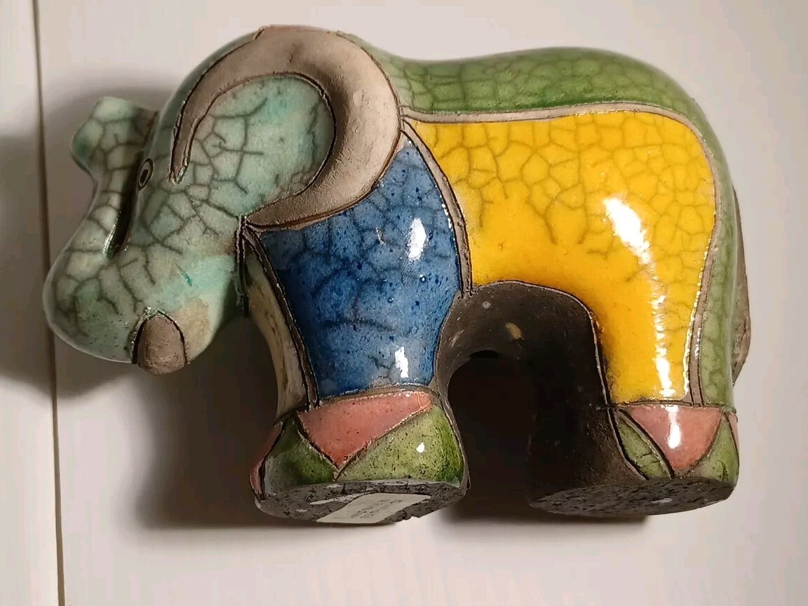 Raku Pottery Elephant Sculpture South Africa Bright Colors Trunk Up Good Luck