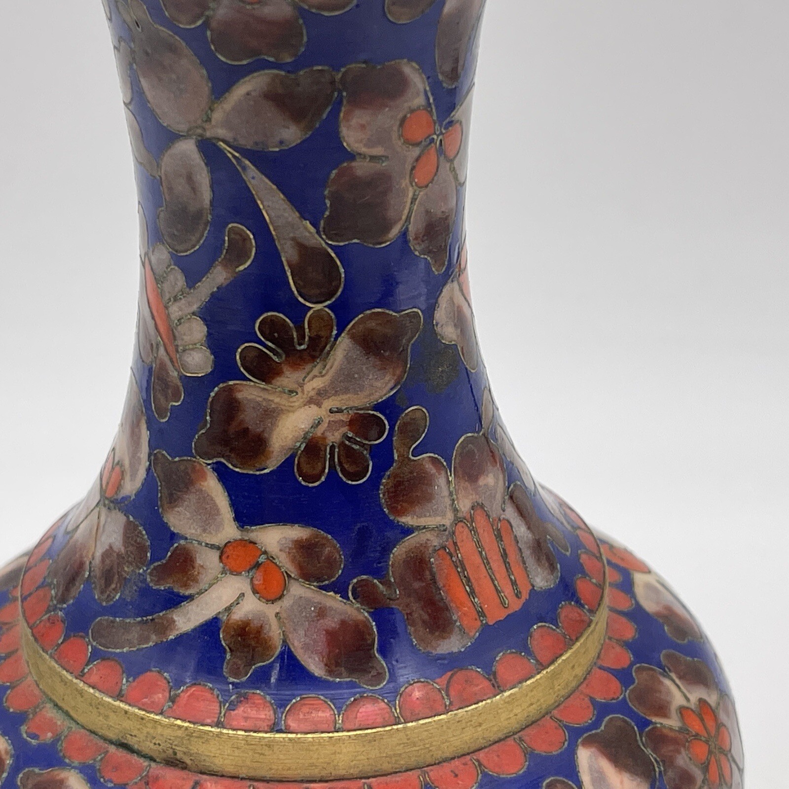Cloisonné Vase Enameled Blue Orange Floral 8” Small Vintage