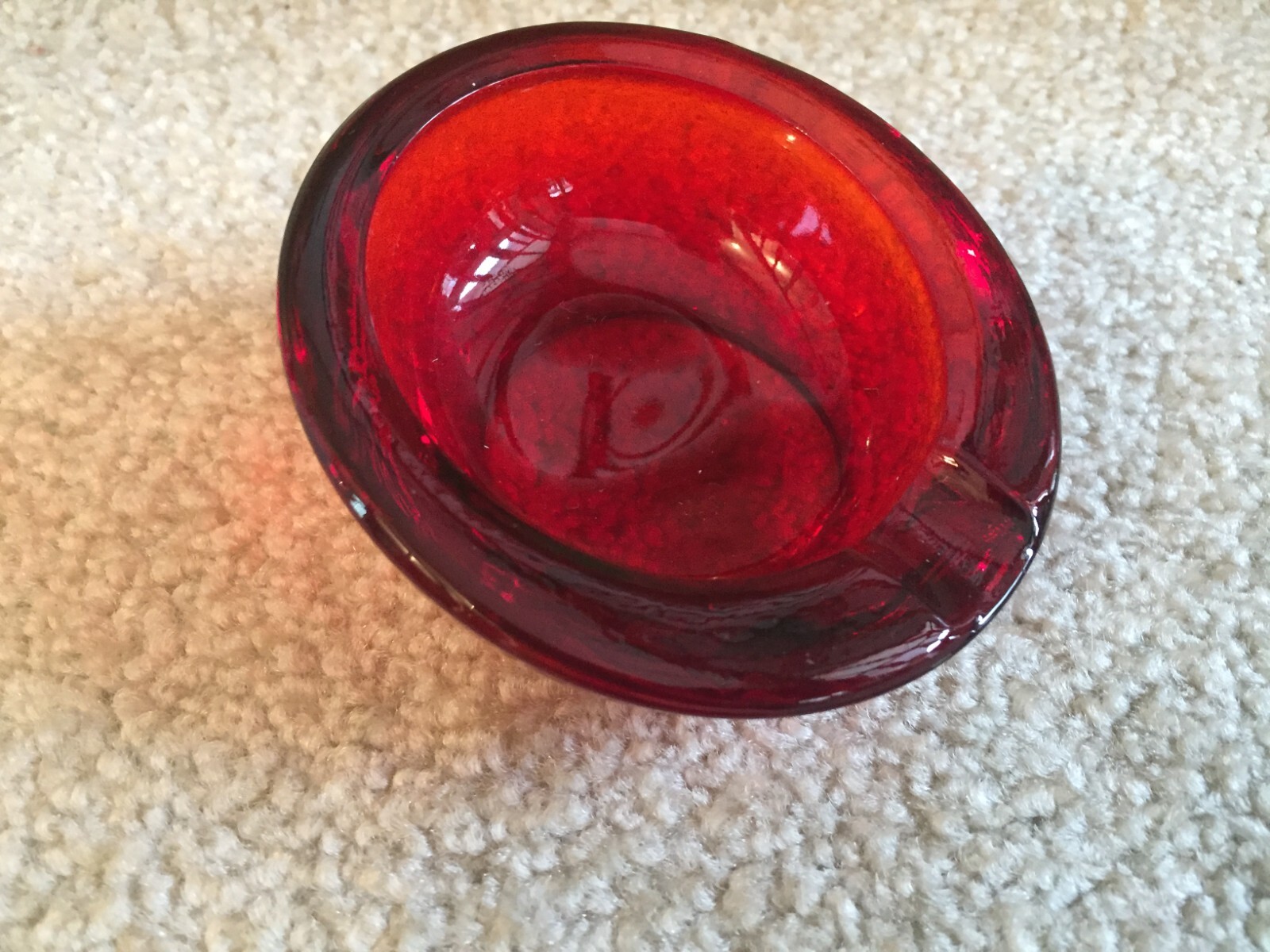 Viking Glass Orb Tilted Atomic Ashtray 3 3/8″ Ruby Red MCM 1960’s FREE SHIP