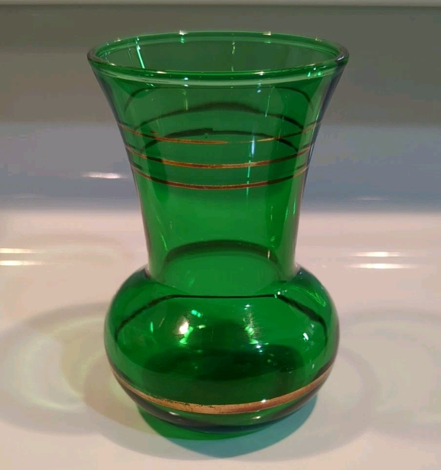 Vintage Anchor Hocking Forest Green Glass Bud Vase Gold Banded Flared Rim 4″ MCM