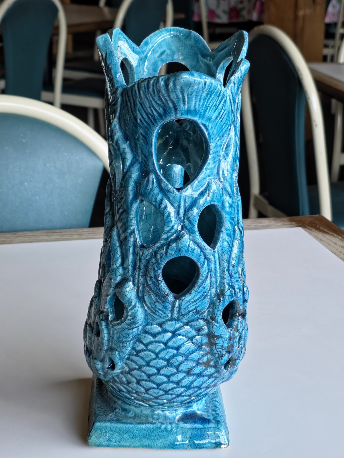 Vintage Blue Crackle Glaze porcelain peacock Figurine Vase 12″