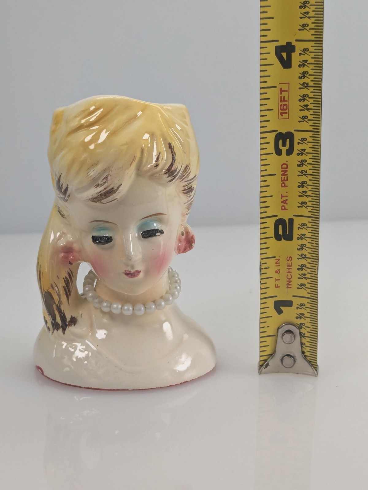 Vintage Lady Head Vase Mini Pot/Vase Glossy Yellow Blonde Blue Eyeshadow Jewelry